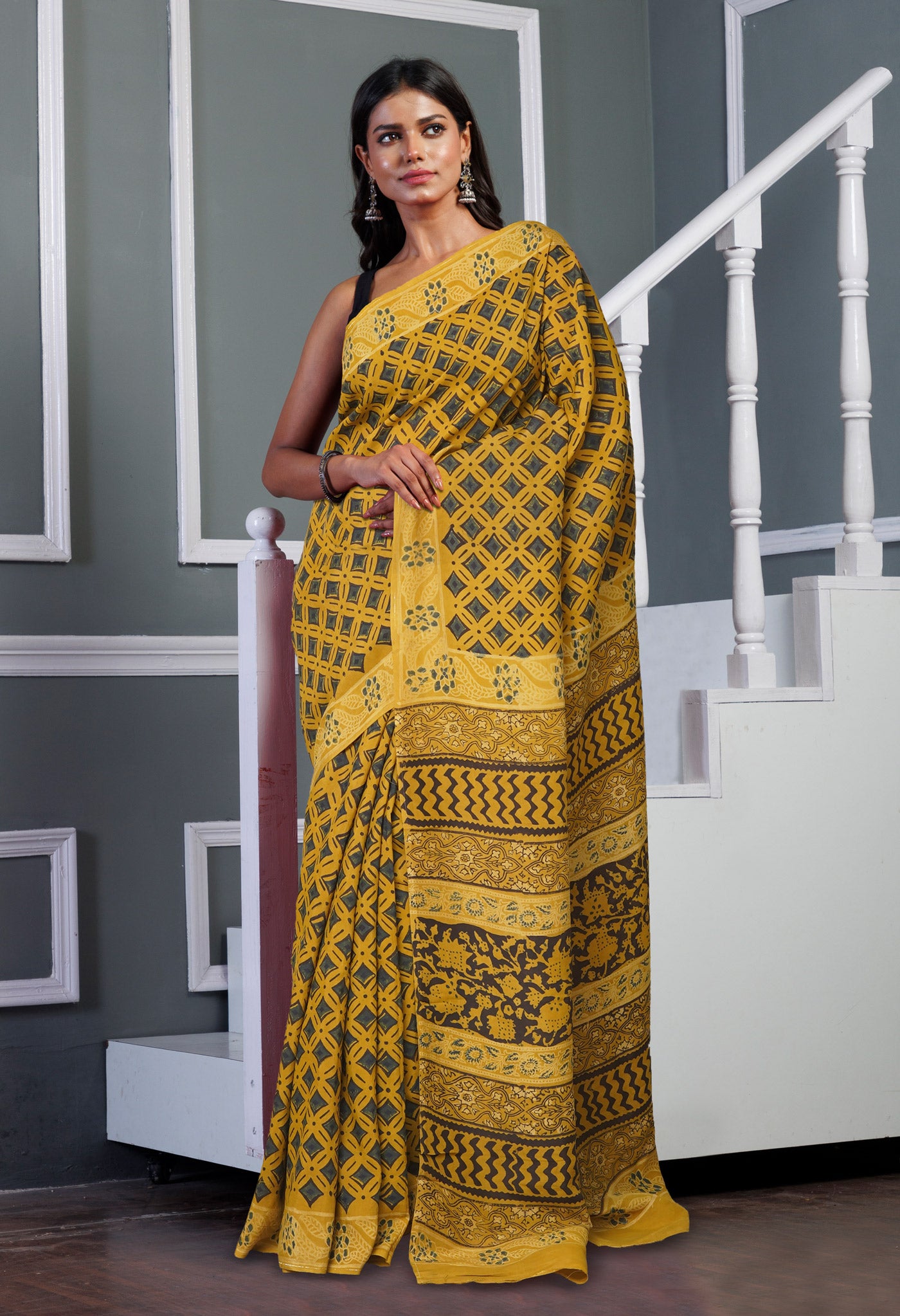 Yellow Pure Ajrakh Printed Soft Silk Saree-UNM81264