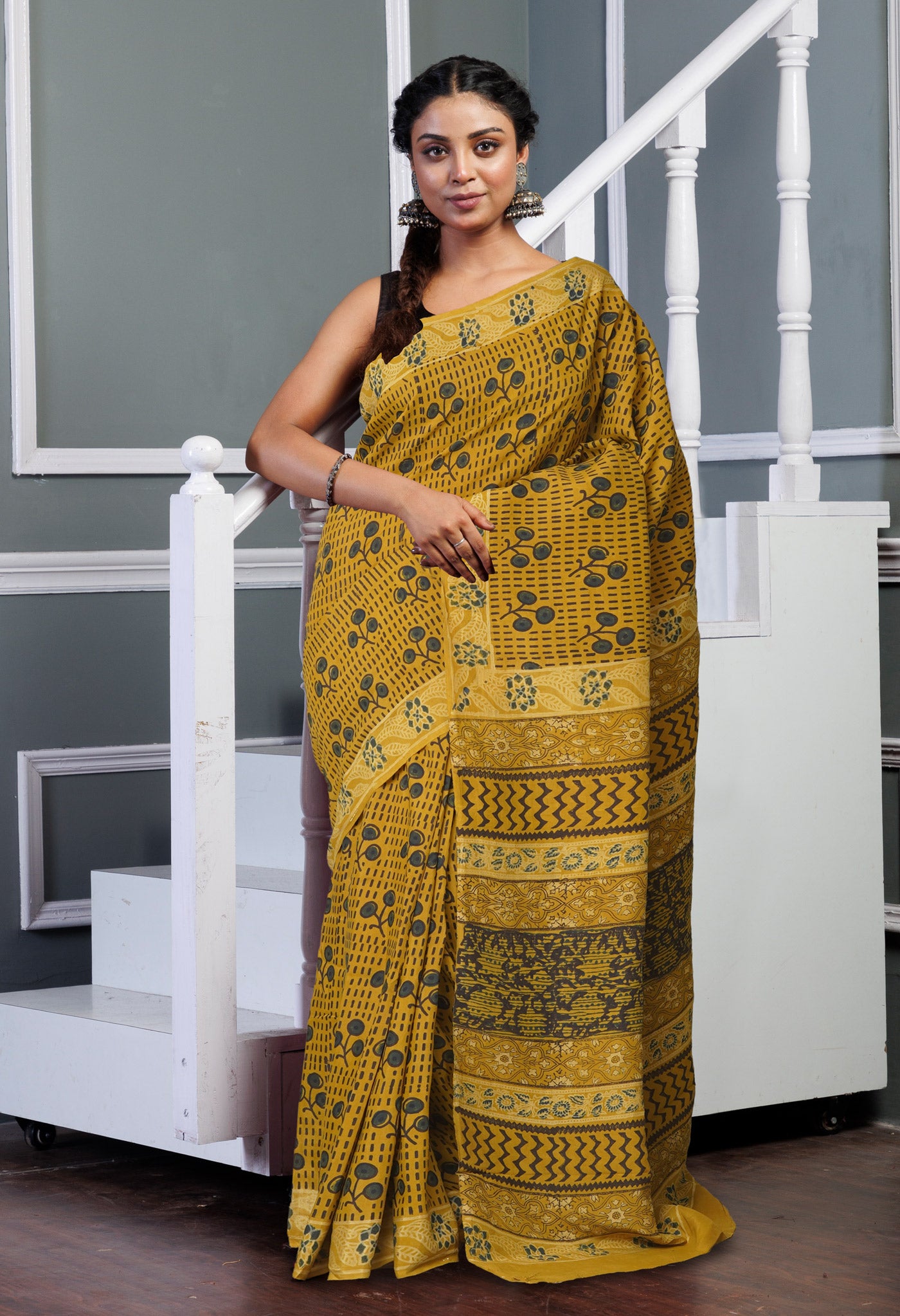 Yellow Pure Ajrakh Printed Soft Silk Saree-UNM81266