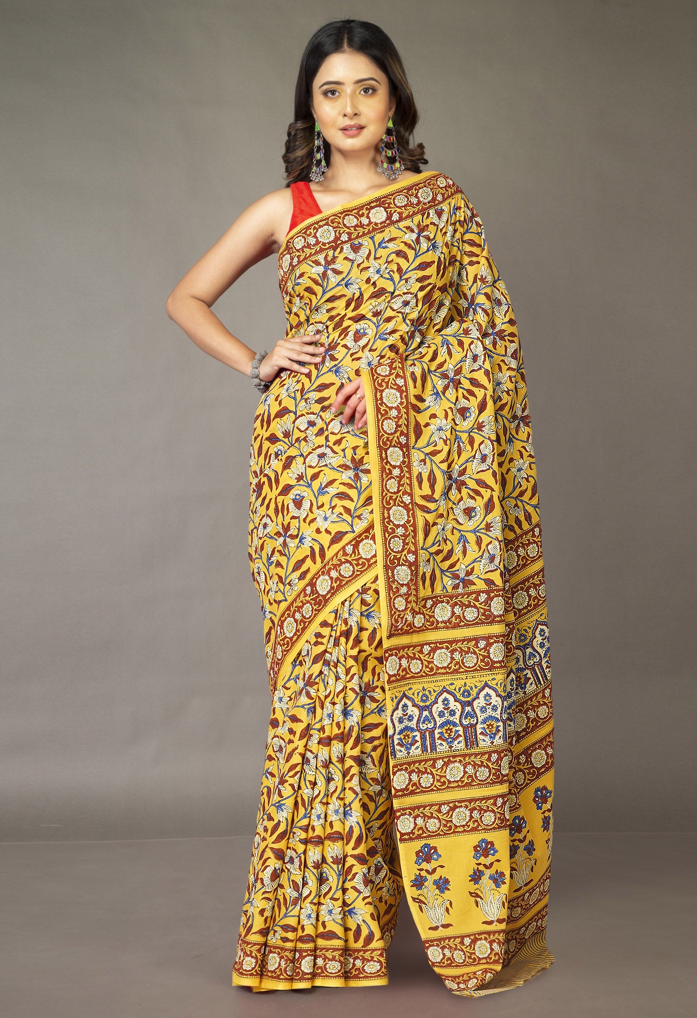 Yellow Pure Hand Block Printed Soft Cotton Saree-UNM81398