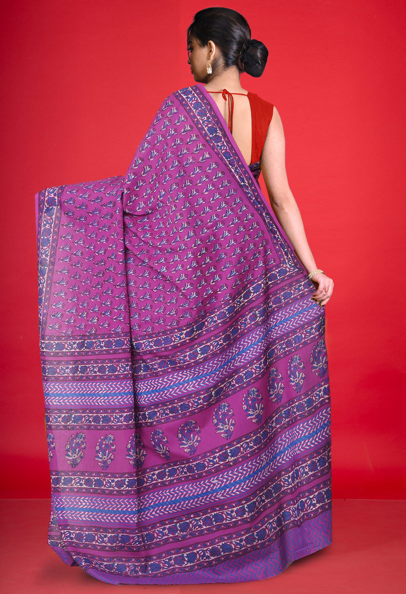 Purple Pure Hand Block Printed Soft Cotton Saree-UNM81403
