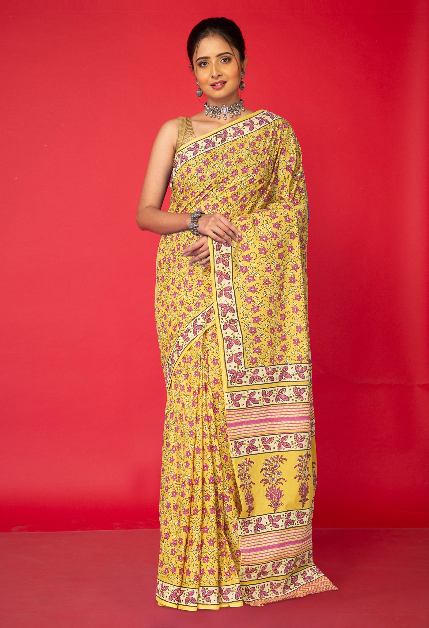 Yellow Pure Hand Block Printed Soft Cotton Saree-UNM81429