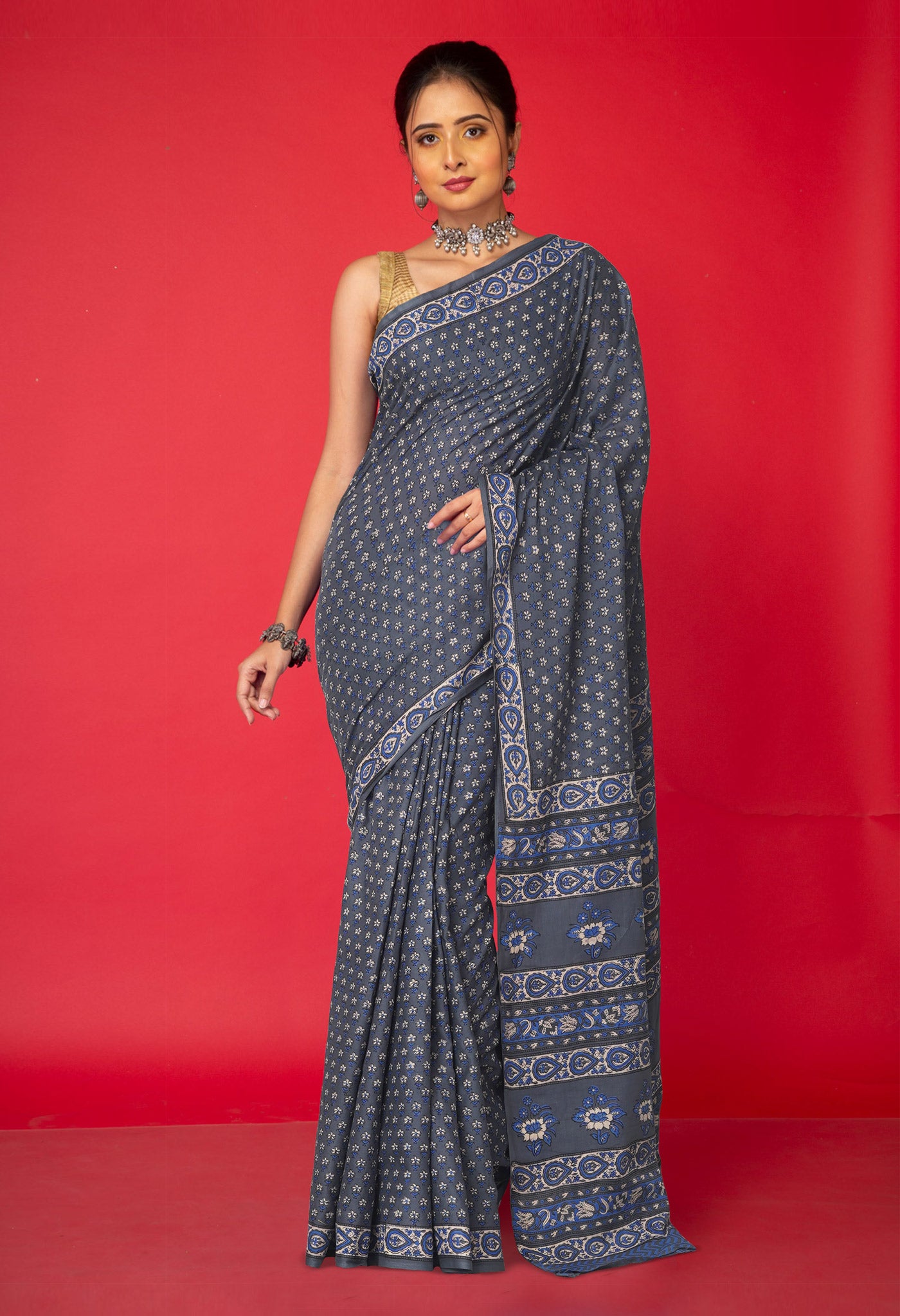 Grey Pure Hand Block Printed Soft Cotton Saree-UNM81443