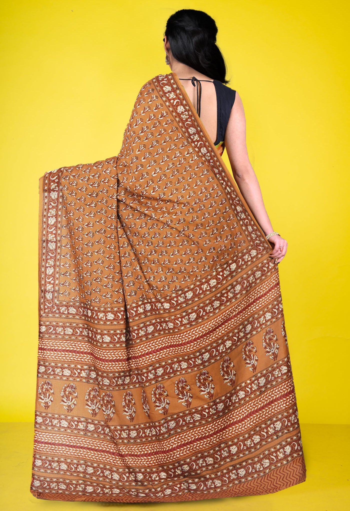 Brown Pure Hand Block Printed Soft Cotton Saree-UNM81447