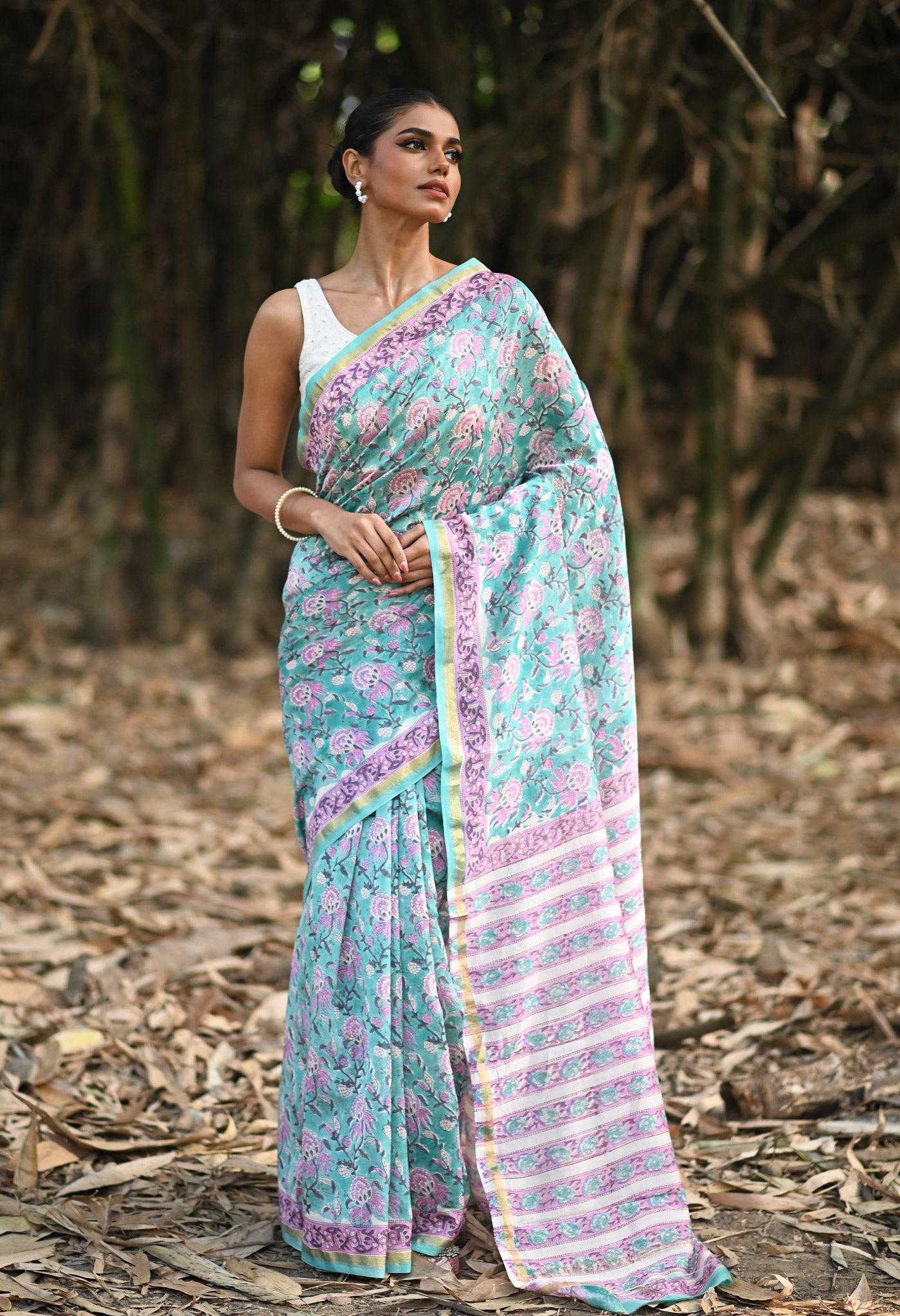 Turquoise Green Pure Hand Block Printed Chanderi Sico Saree-UNM81643