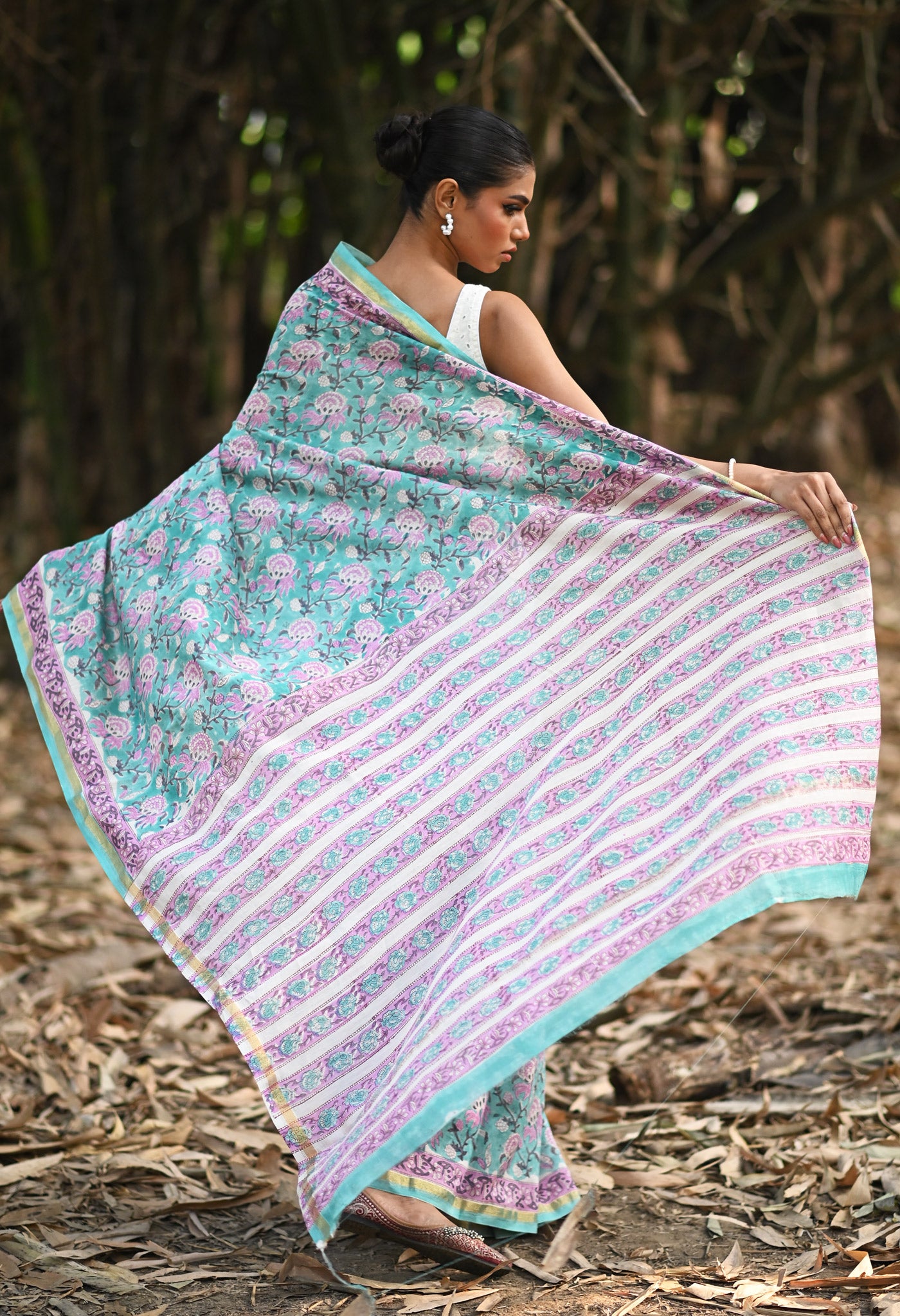 Turquoise Green Pure Hand Block Printed Chanderi Sico Saree-UNM81643