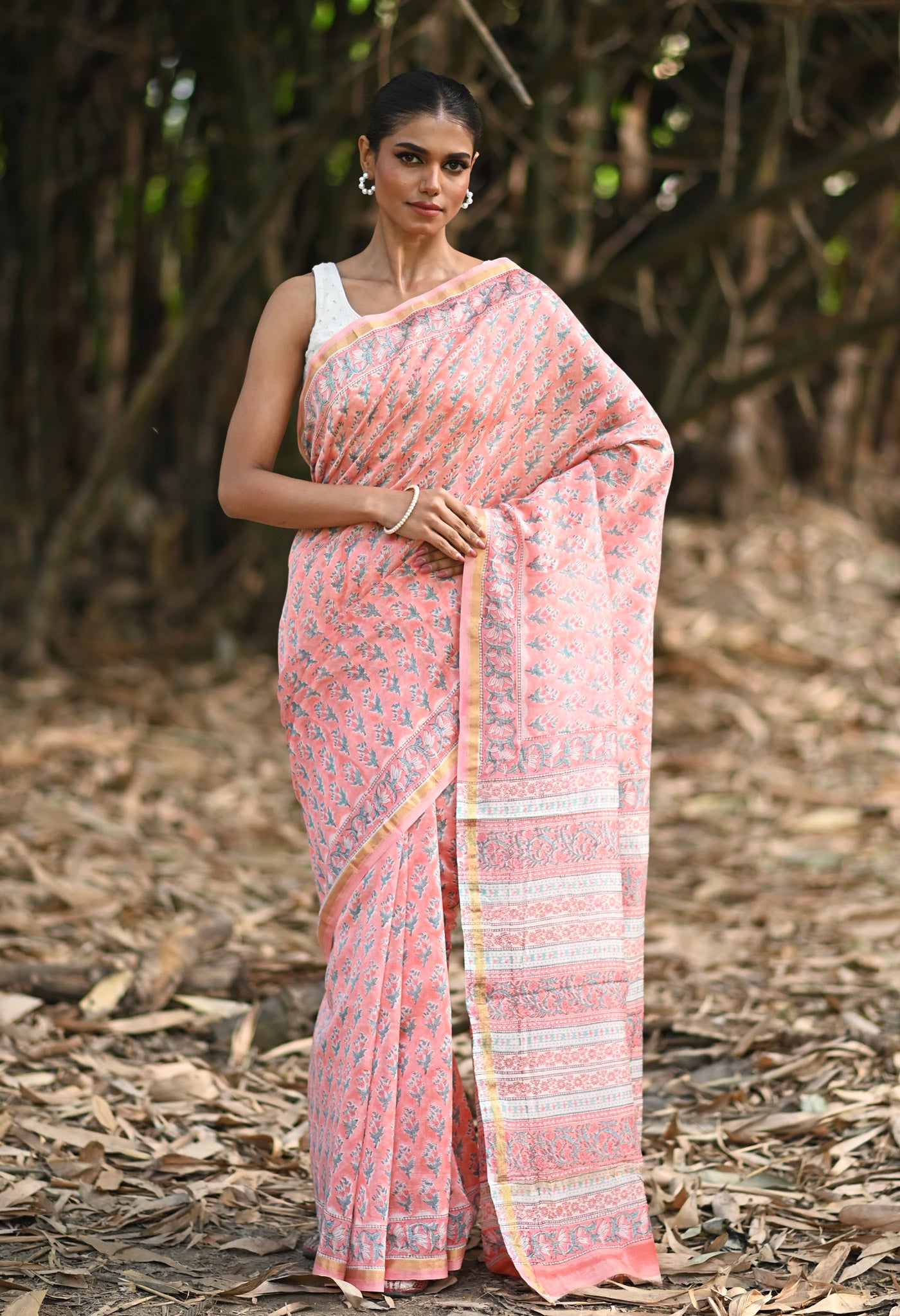 Coral Pink Pure Hand Block Printed Chanderi Sico Saree-UNM81644