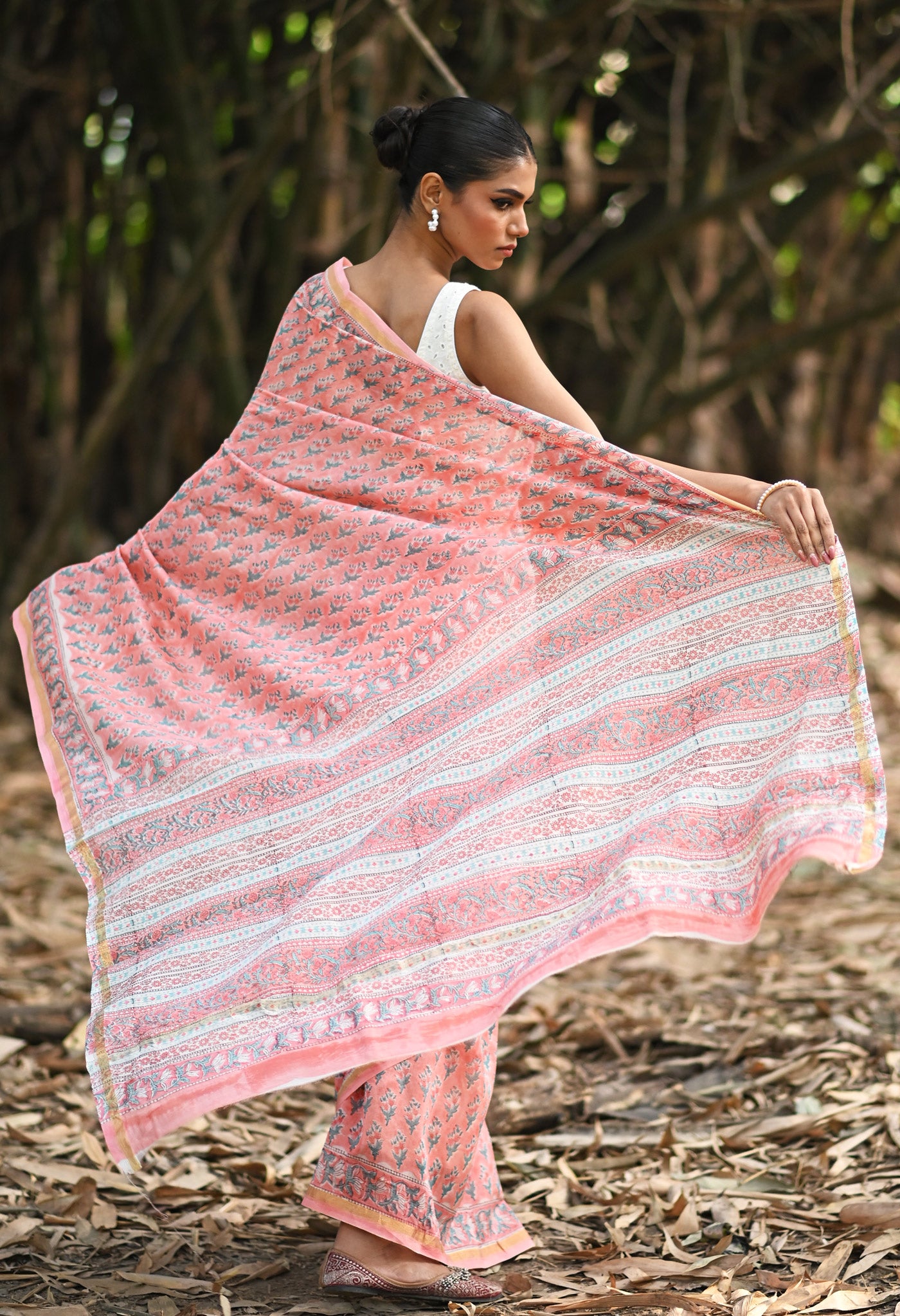 Coral Pink Pure Hand Block Printed Chanderi Sico Saree-UNM81644