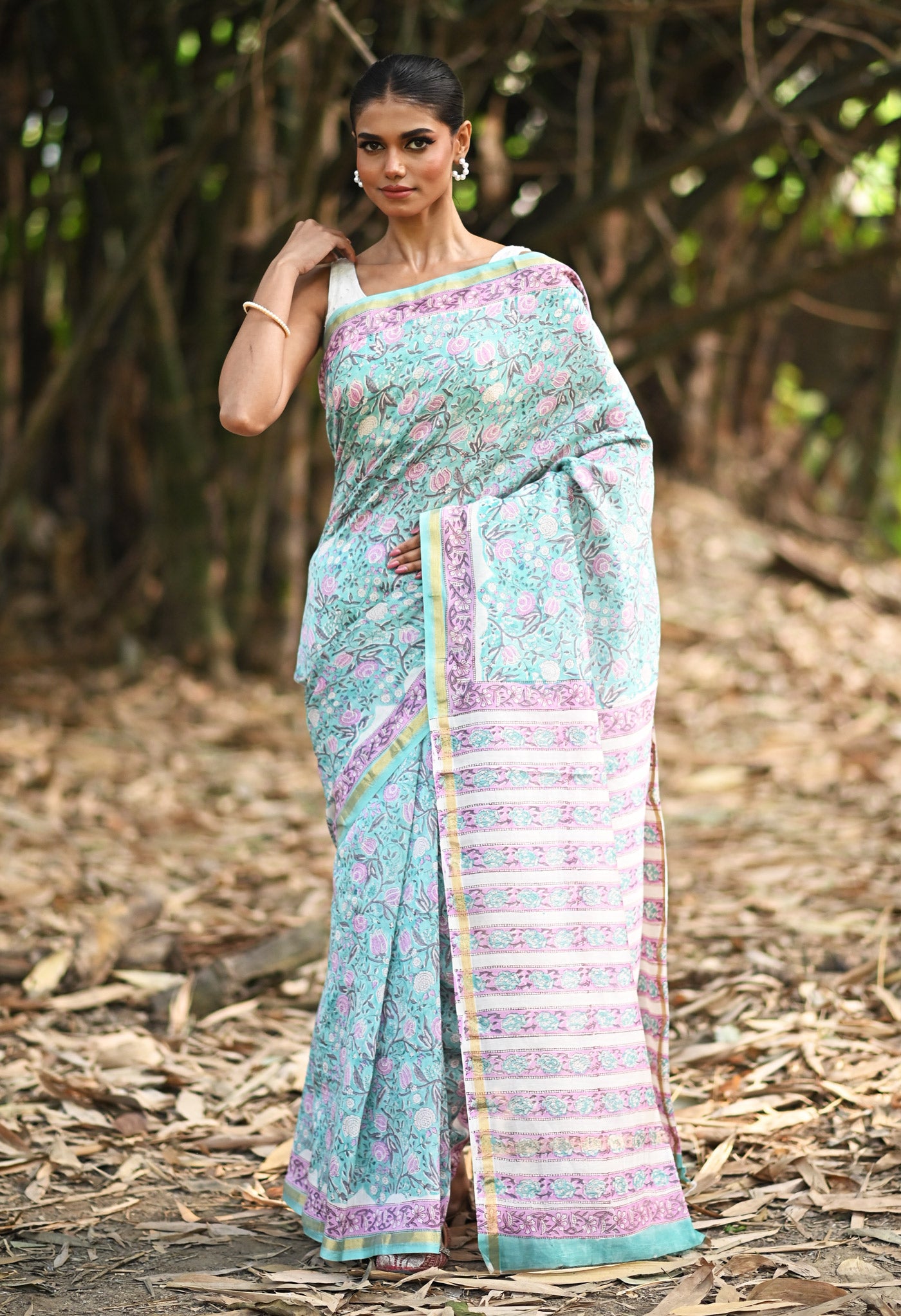 Turquoise Green Pure Hand Block Printed Chanderi Sico Saree-UNM81645