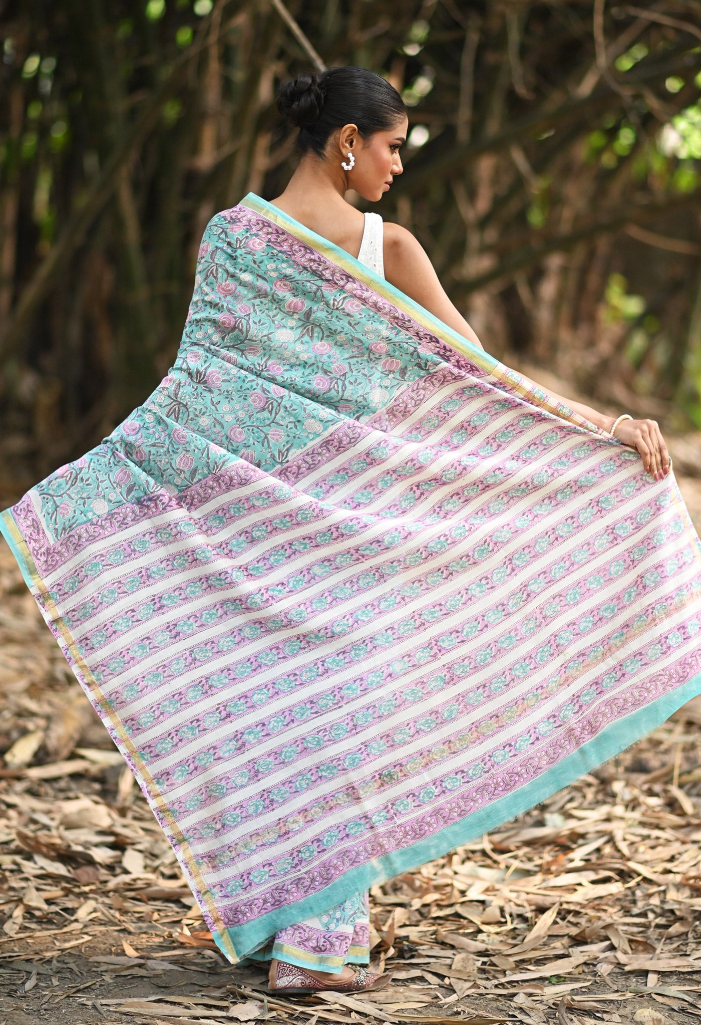 Turquoise Green Pure Hand Block Printed Chanderi Sico Saree-UNM81645