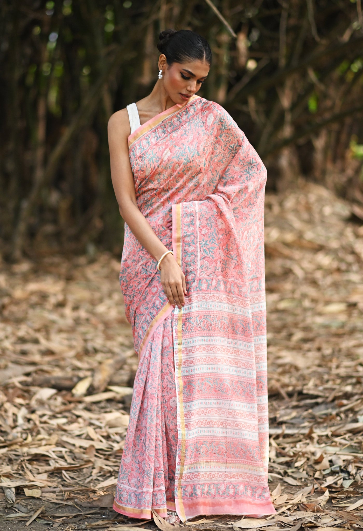 Coral Pink Pure Hand Block Printed Chanderi Sico Saree-UNM81646
