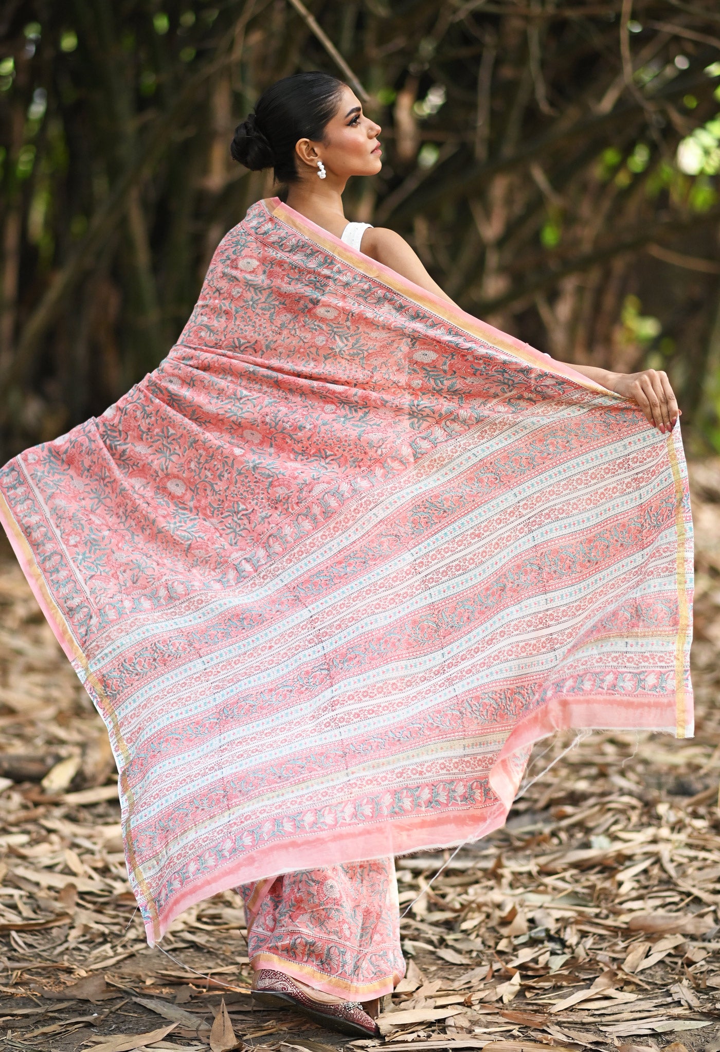 Coral Pink Pure Hand Block Printed Chanderi Sico Saree-UNM81646
