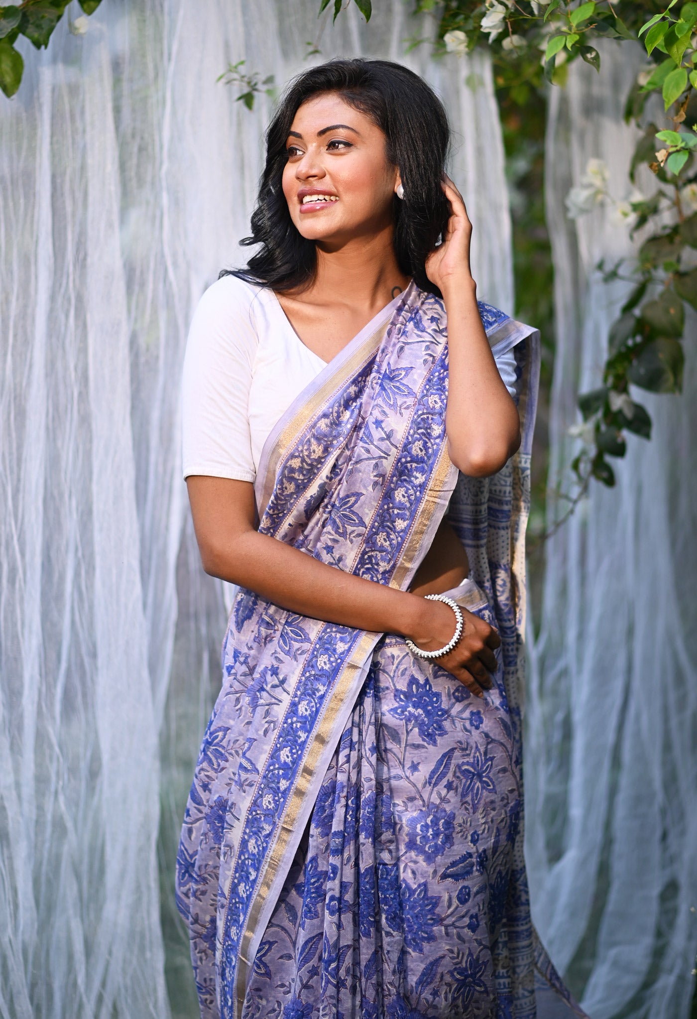 Blue Pure Hand Block Printed Chanderi Sico Saree-UNM81658