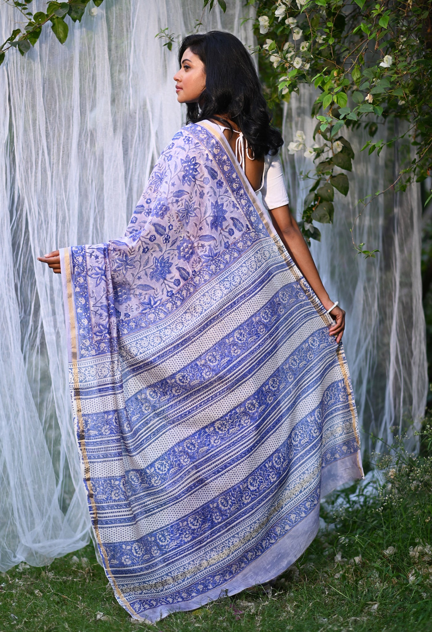Blue Pure Hand Block Printed Chanderi Sico Saree-UNM81658