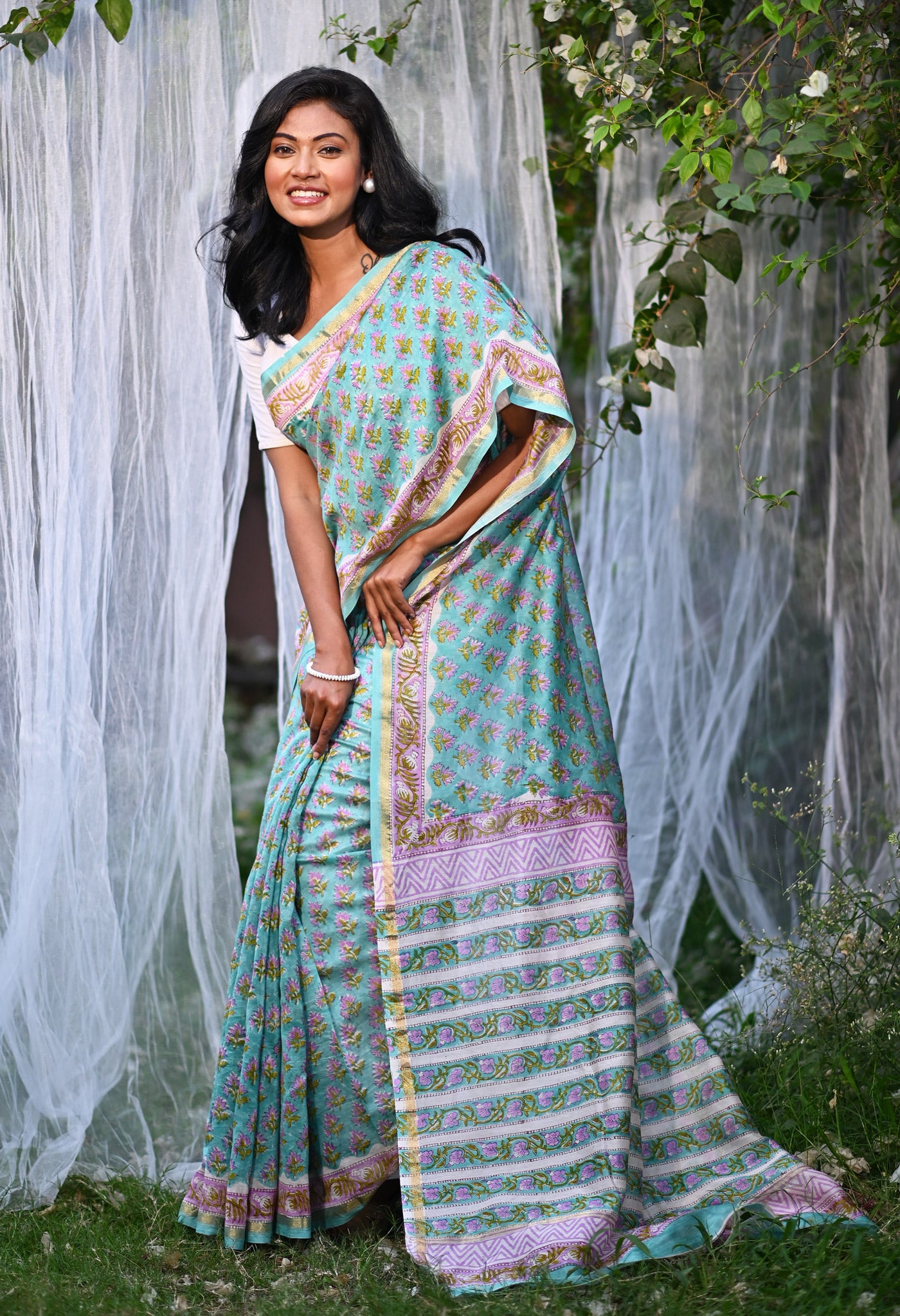 Turquoise Green Pure Hand Block Printed Chanderi Sico Saree-UNM81659