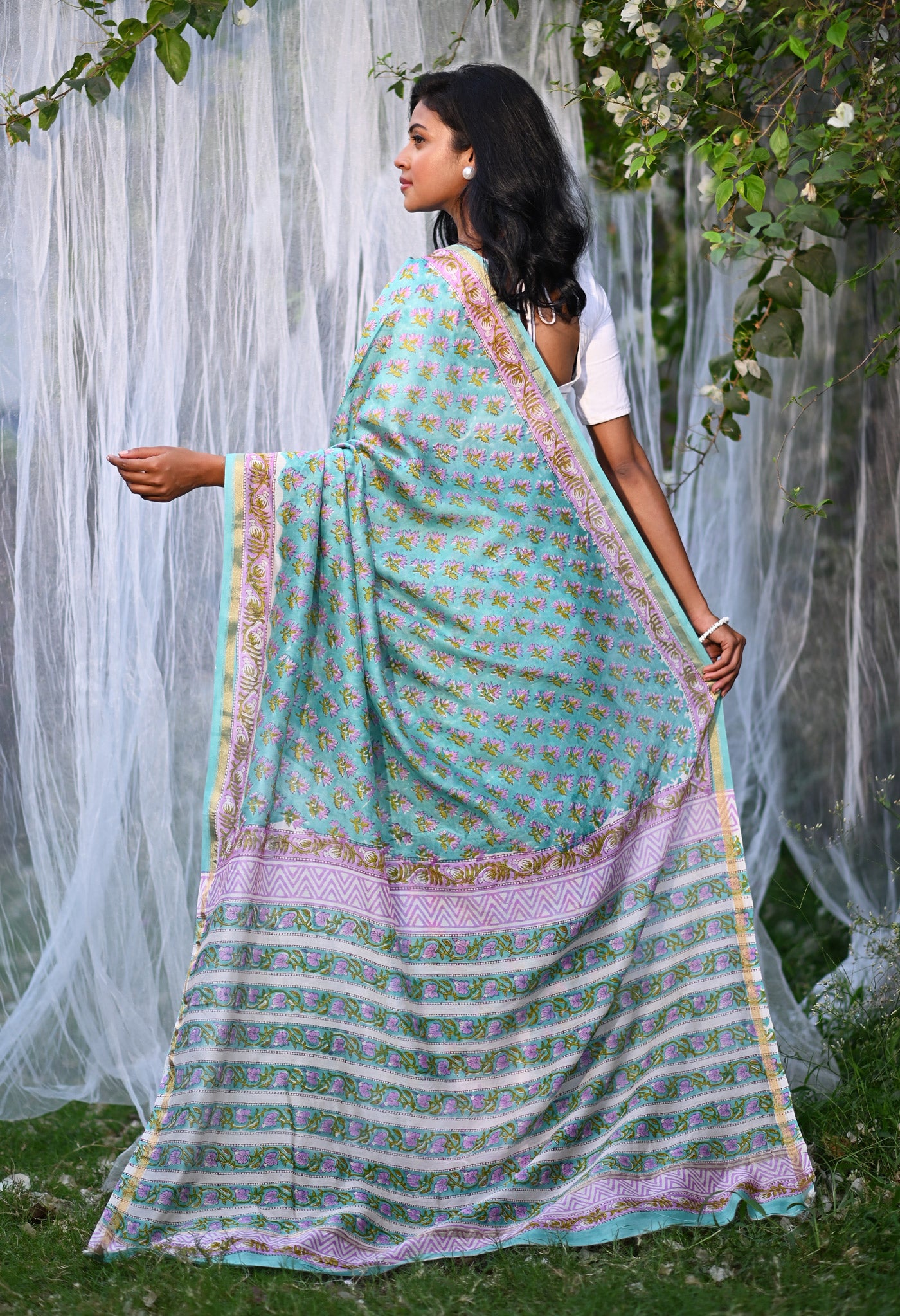 Turquoise Green Pure Hand Block Printed Chanderi Sico Saree-UNM81659