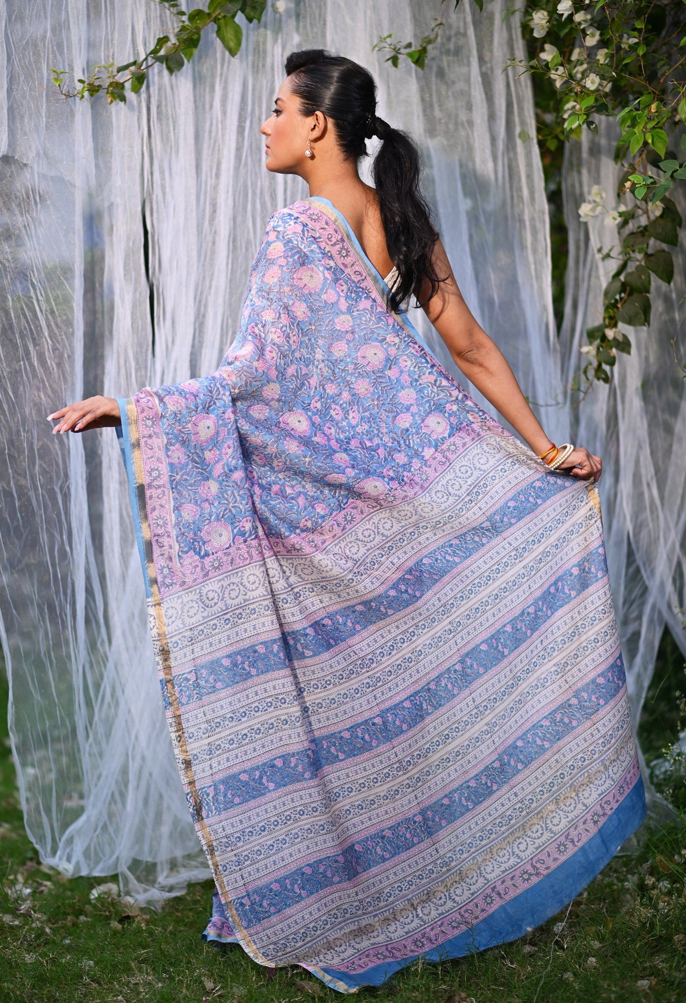 Blue Pure Hand Block Printed Chanderi Sico Saree-UNM81660