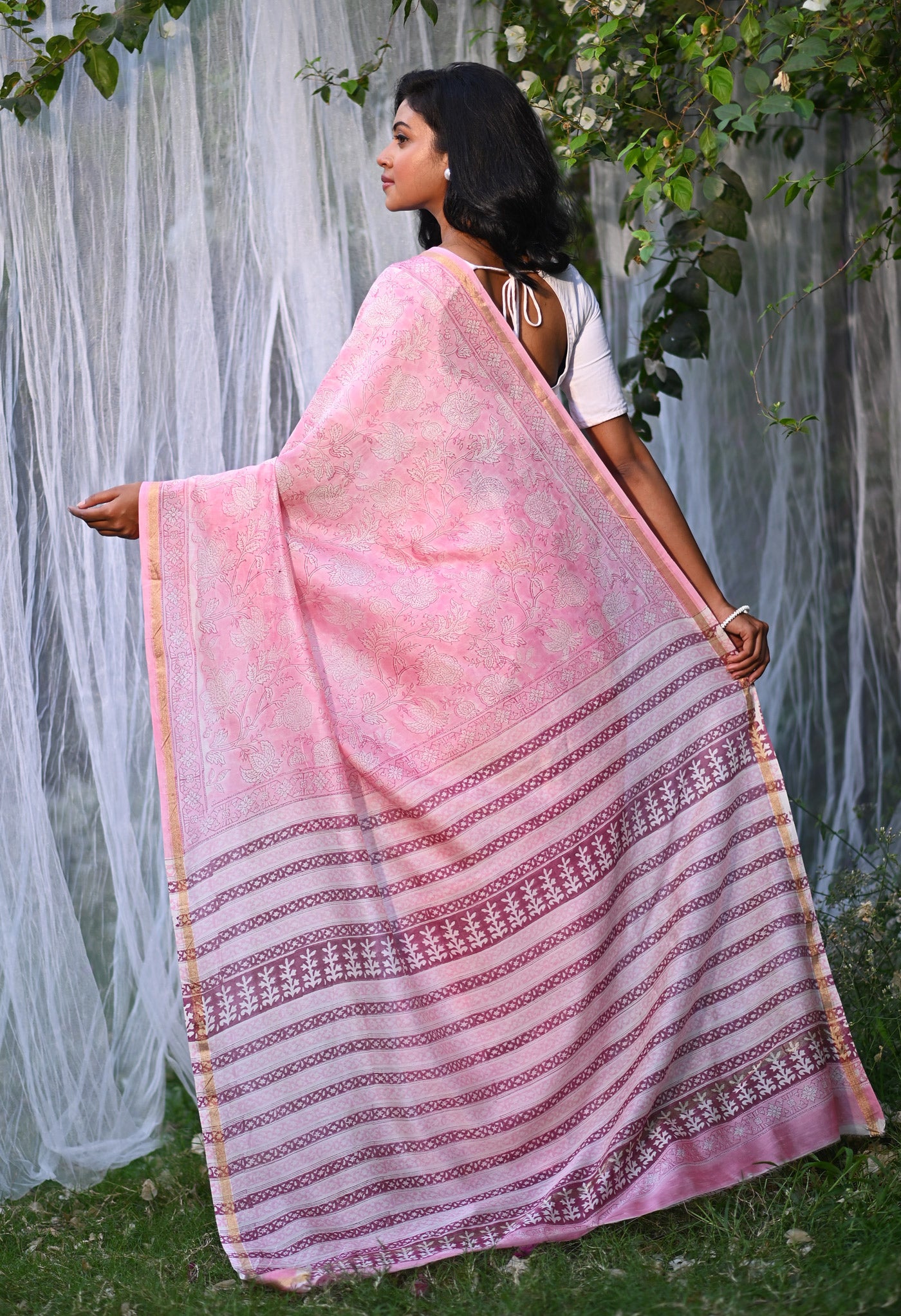 Pink Pure Hand Block Printed Chanderi Sico Saree-UNM81661