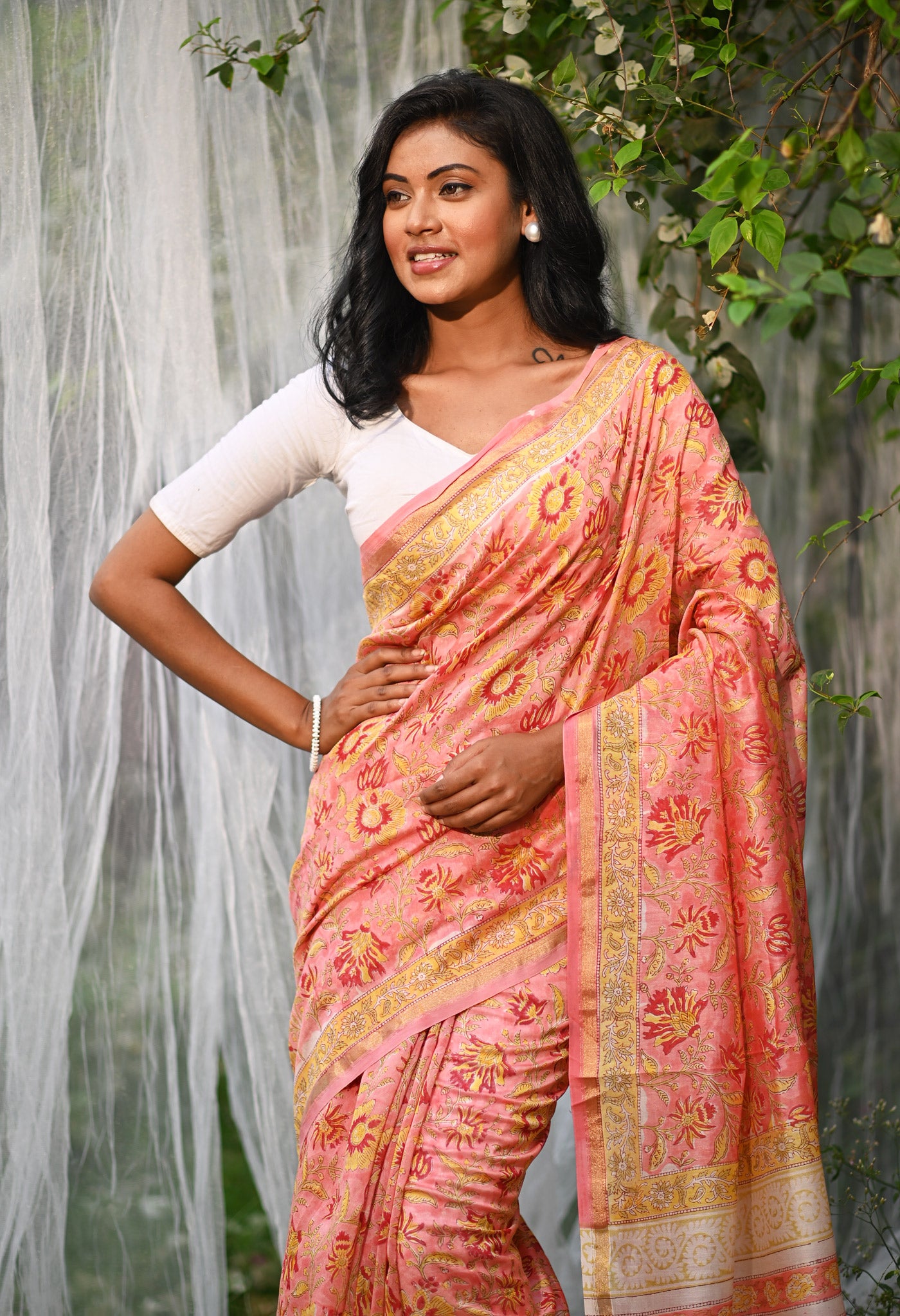 Coral Pink Pure Hand Block Printed Chanderi Sico Saree-UNM81662