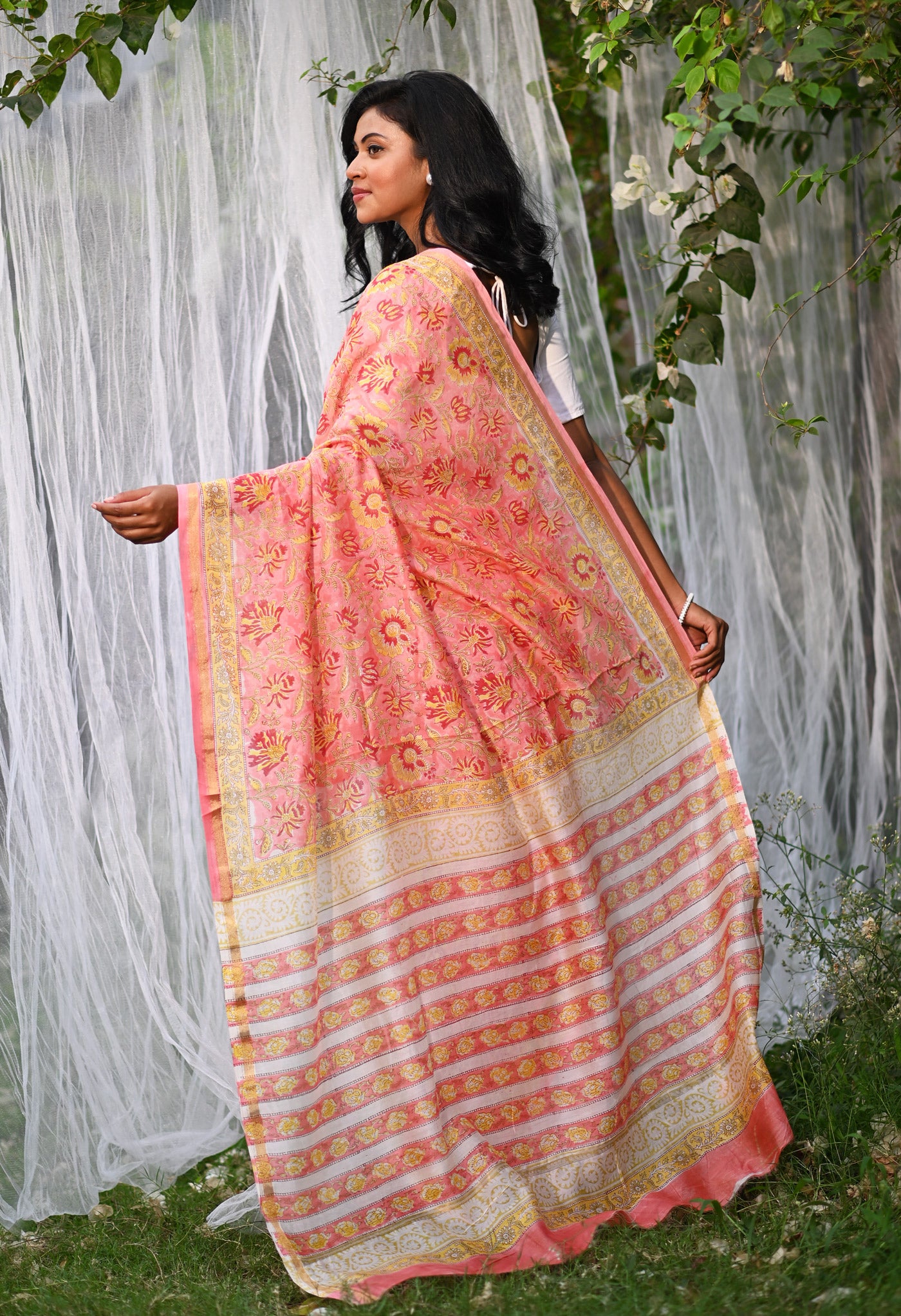 Coral Pink Pure Hand Block Printed Chanderi Sico Saree-UNM81662