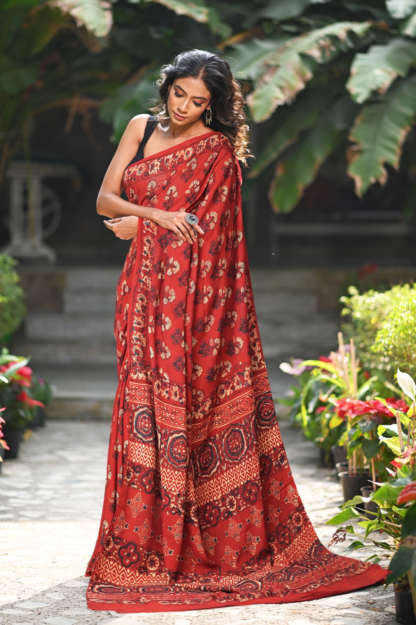 Red Pure Ajrakh Printed Soft Silk Saree-UNM81680