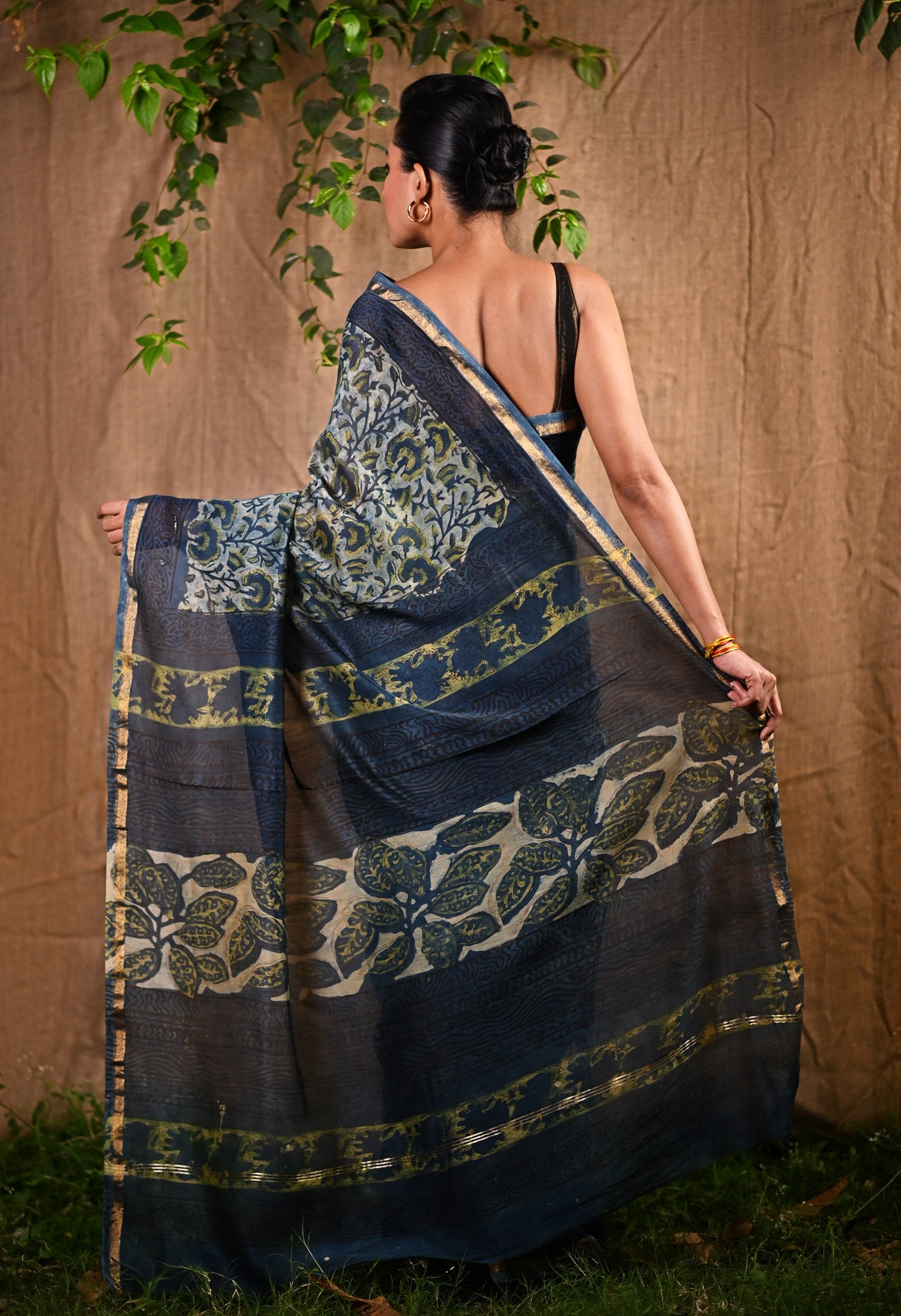 Blue Pure Vanaspathi Block Printed Chanderi Sico Saree-UNM81718