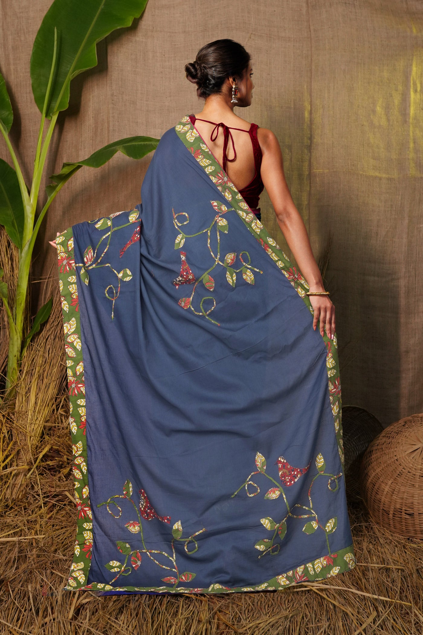 Navy Blue Pure Applique Work Mulmul Cotton Saree-UNM81729