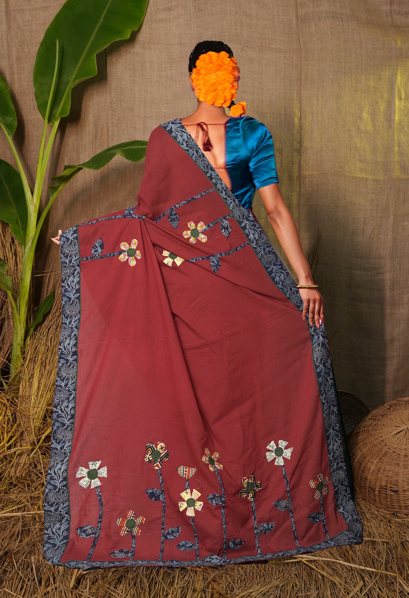 Maroon Pure Applique Work Mulmul Cotton Saree-UNM81731