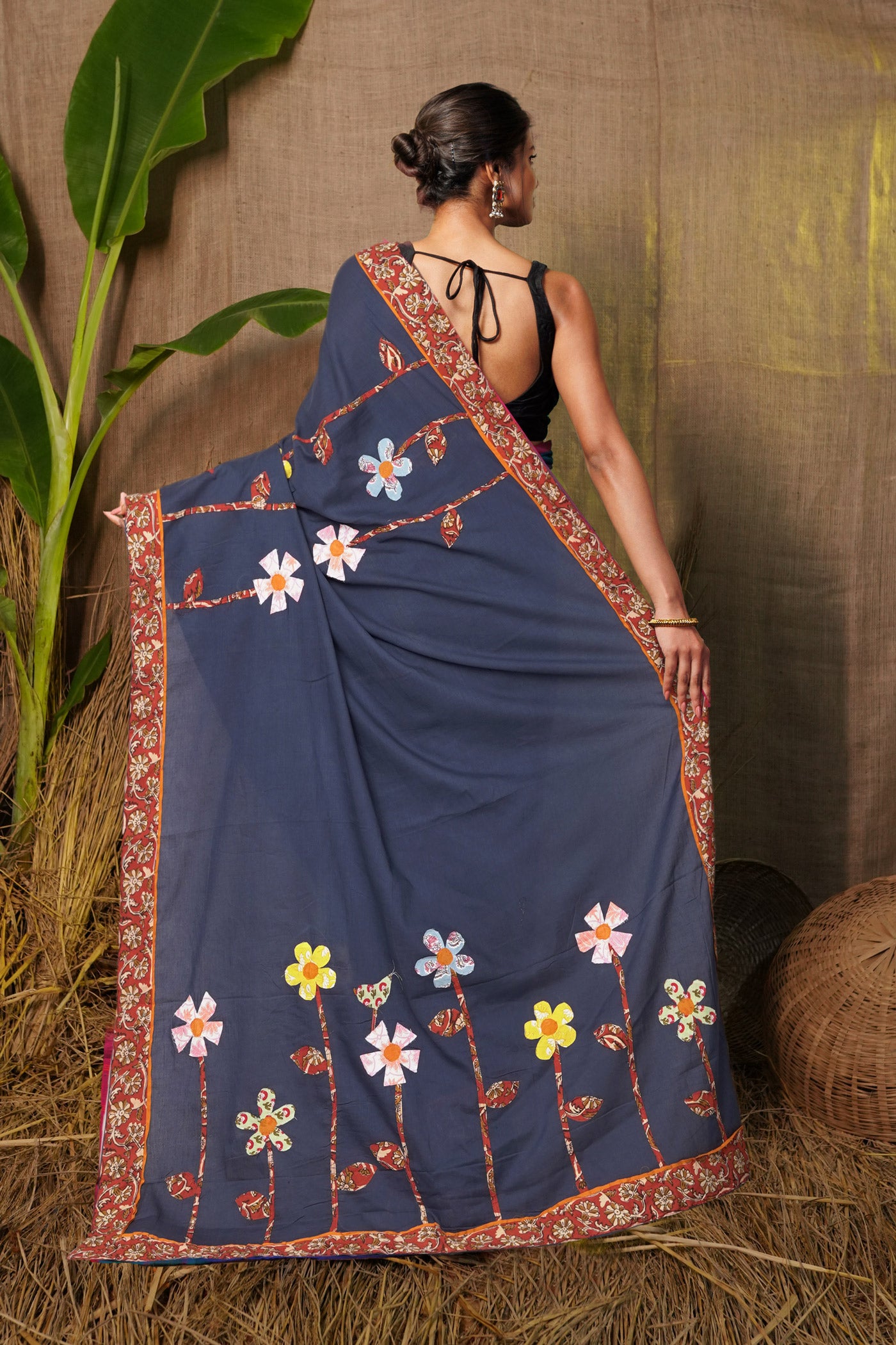 Navy Blue Pure Applique Work Mulmul Cotton Saree-UNM81733