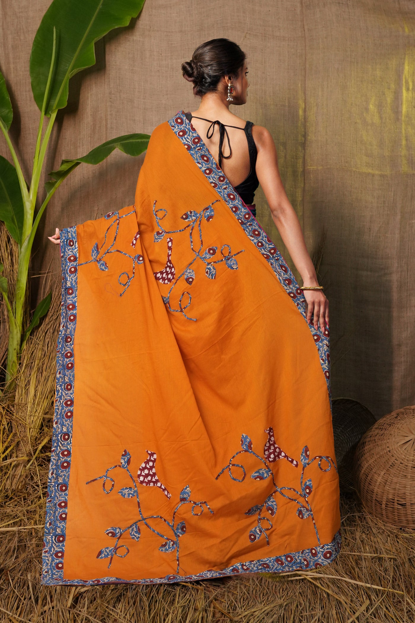 Yellow Pure Applique Work Mulmul Cotton Saree-UNM81734