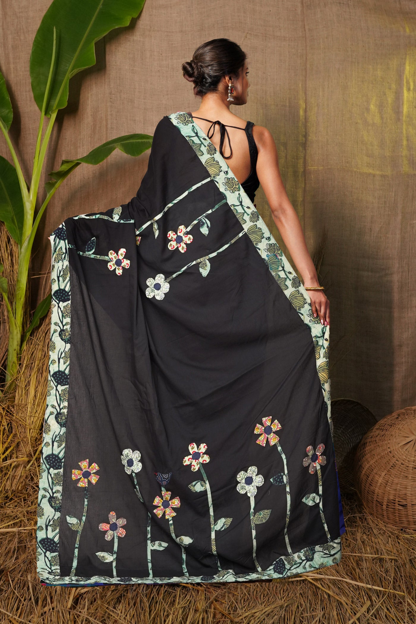 Black Pure Applique Work Mulmul Cotton Saree-UNM81737