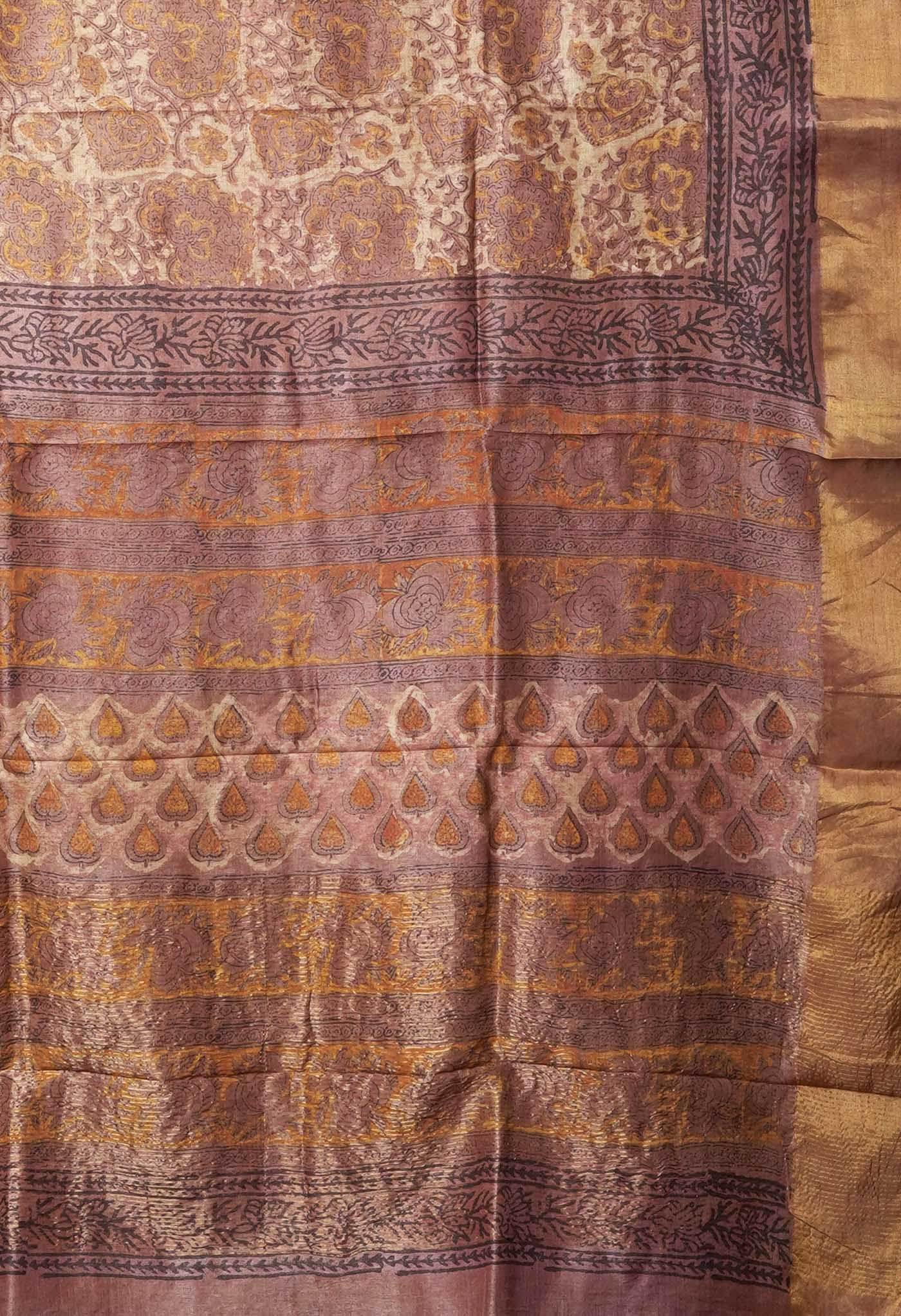 Beige Pure Handloom Vanaspati Block Printed Tussar Silk Saree-UNM81758