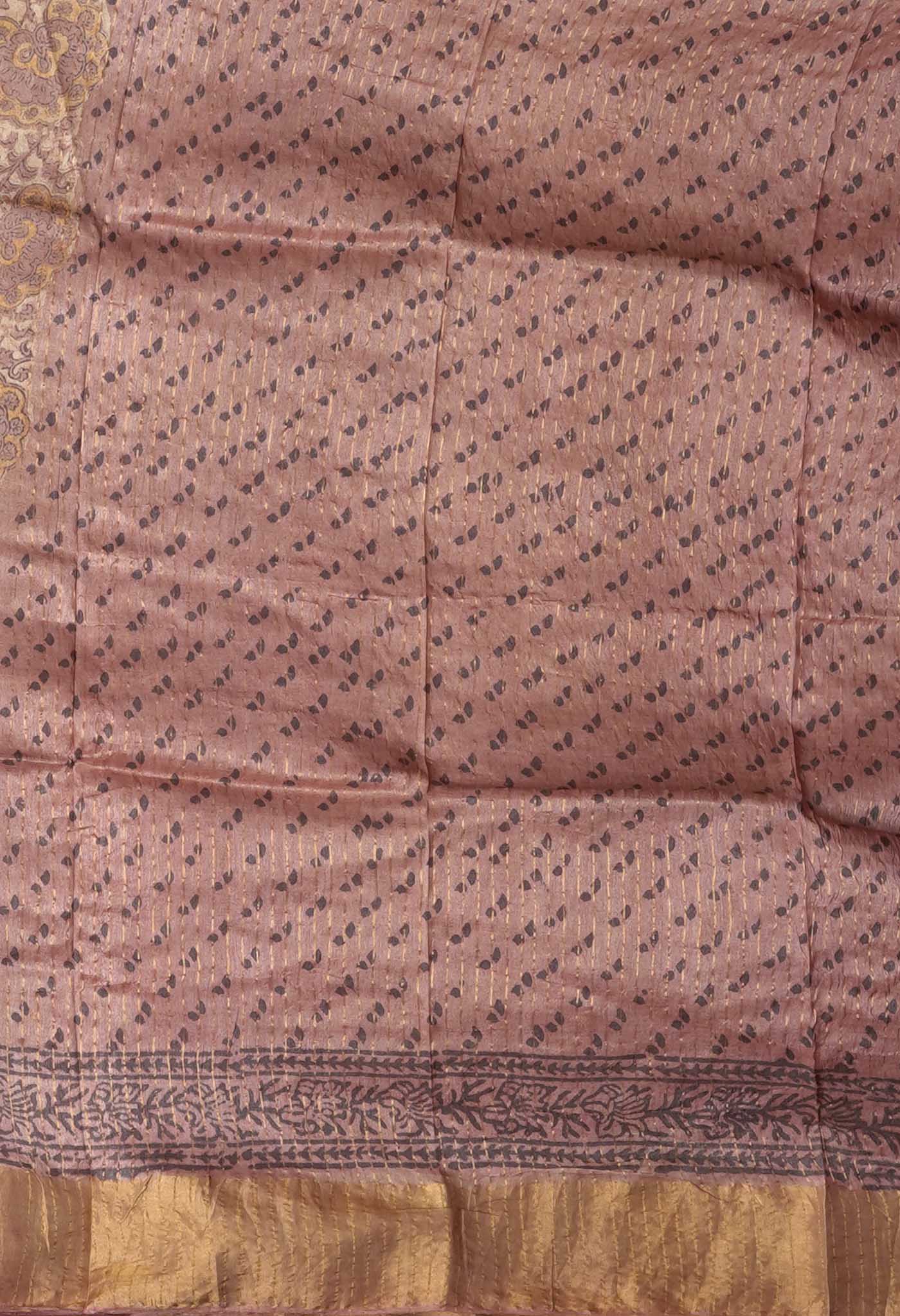 Beige Pure Handloom Vanaspati Block Printed Tussar Silk Saree-UNM81758