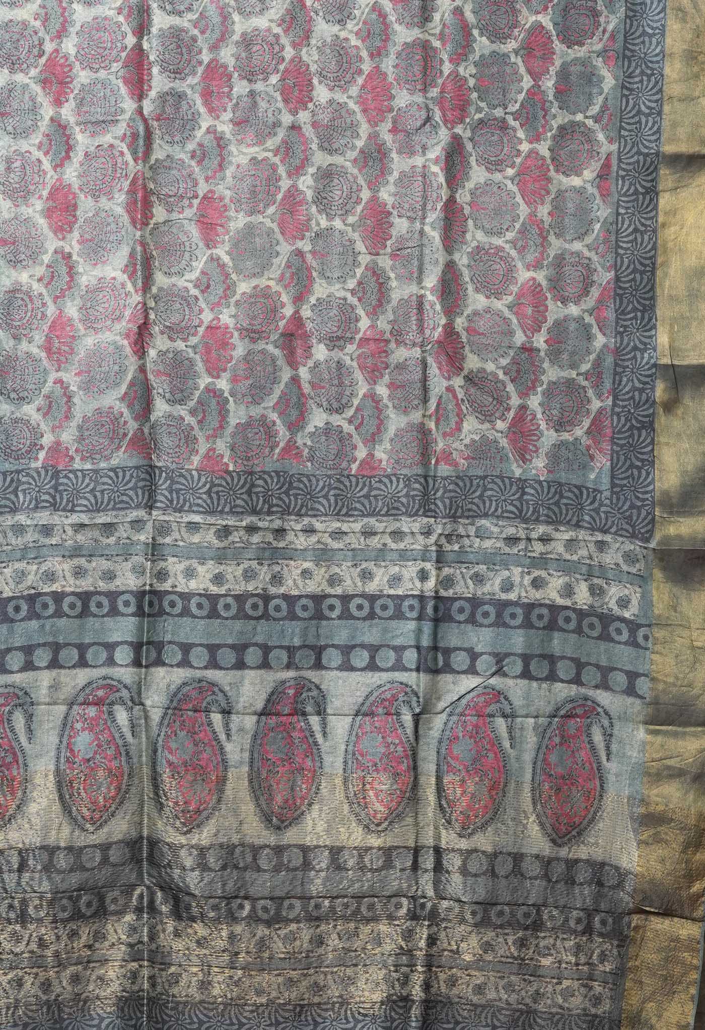 Light Grey Pure Handloom Vanaspati Block Printed Tussar Silk Saree-UNM81759