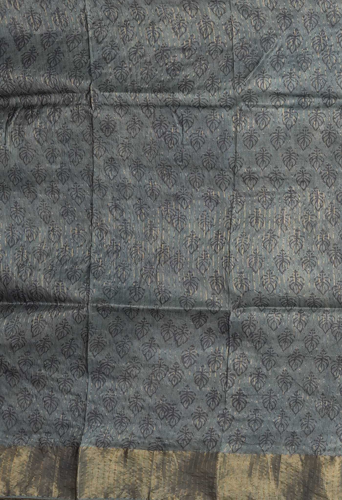Light Grey Pure Handloom Vanaspati Block Printed Tussar Silk Saree-UNM81759