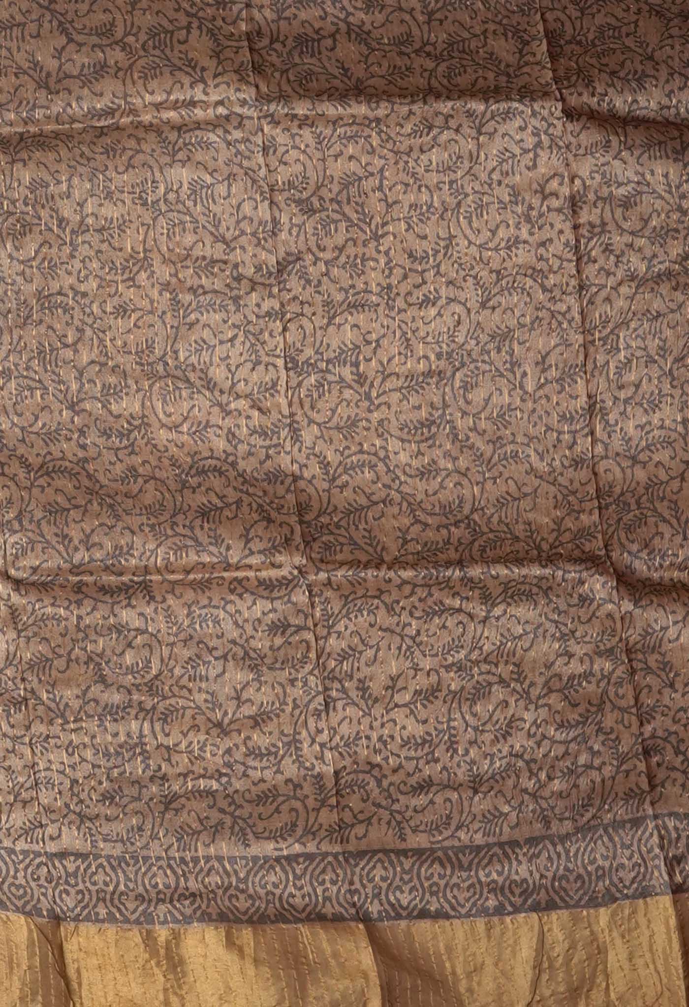 Beige Pure Handloom Vanaspati Block Printed Tussar Silk Saree-UNM81760