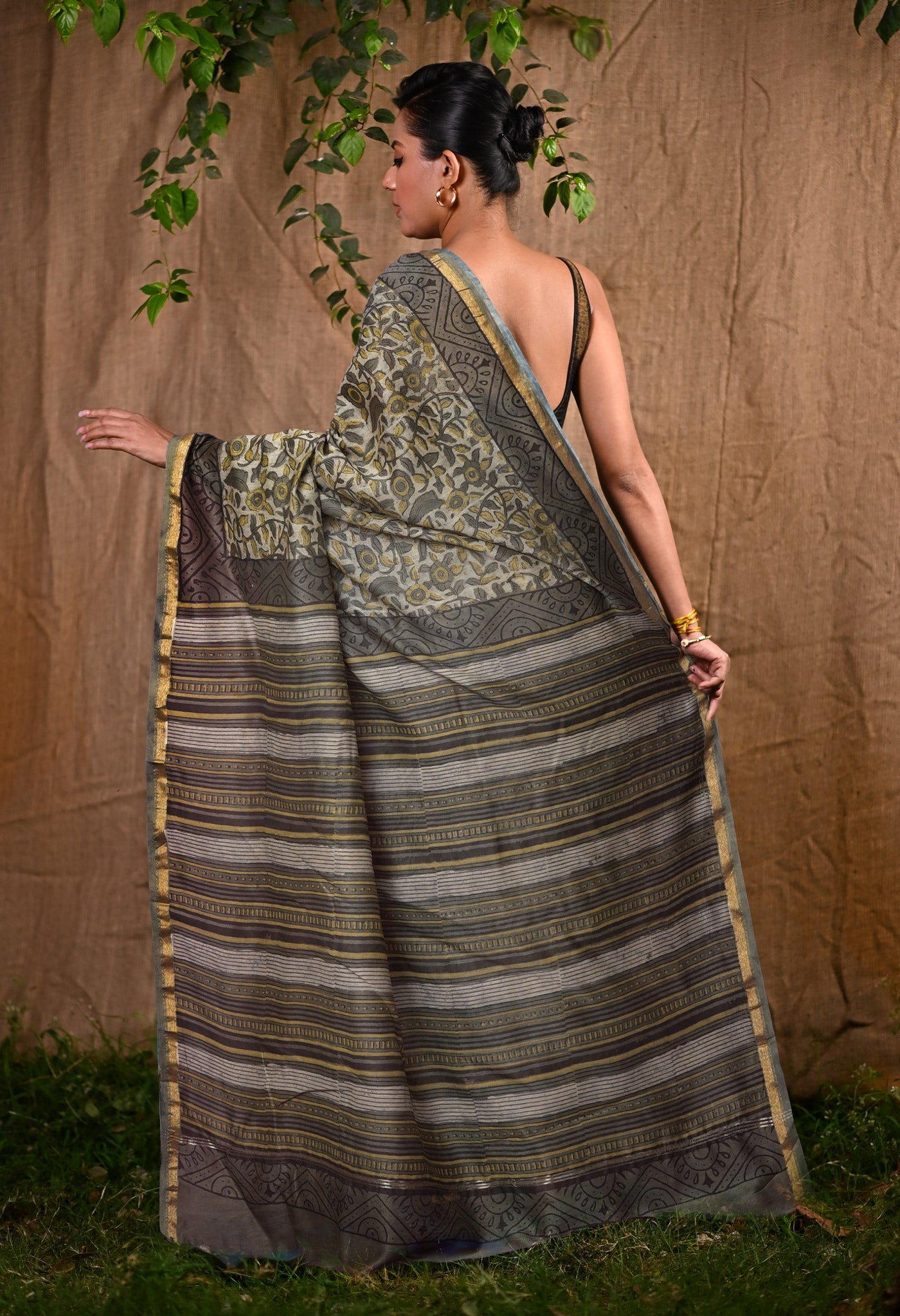 Green-Grey Pure Vanaspati Block Printed Chanderi Sico Saree-UNM81780