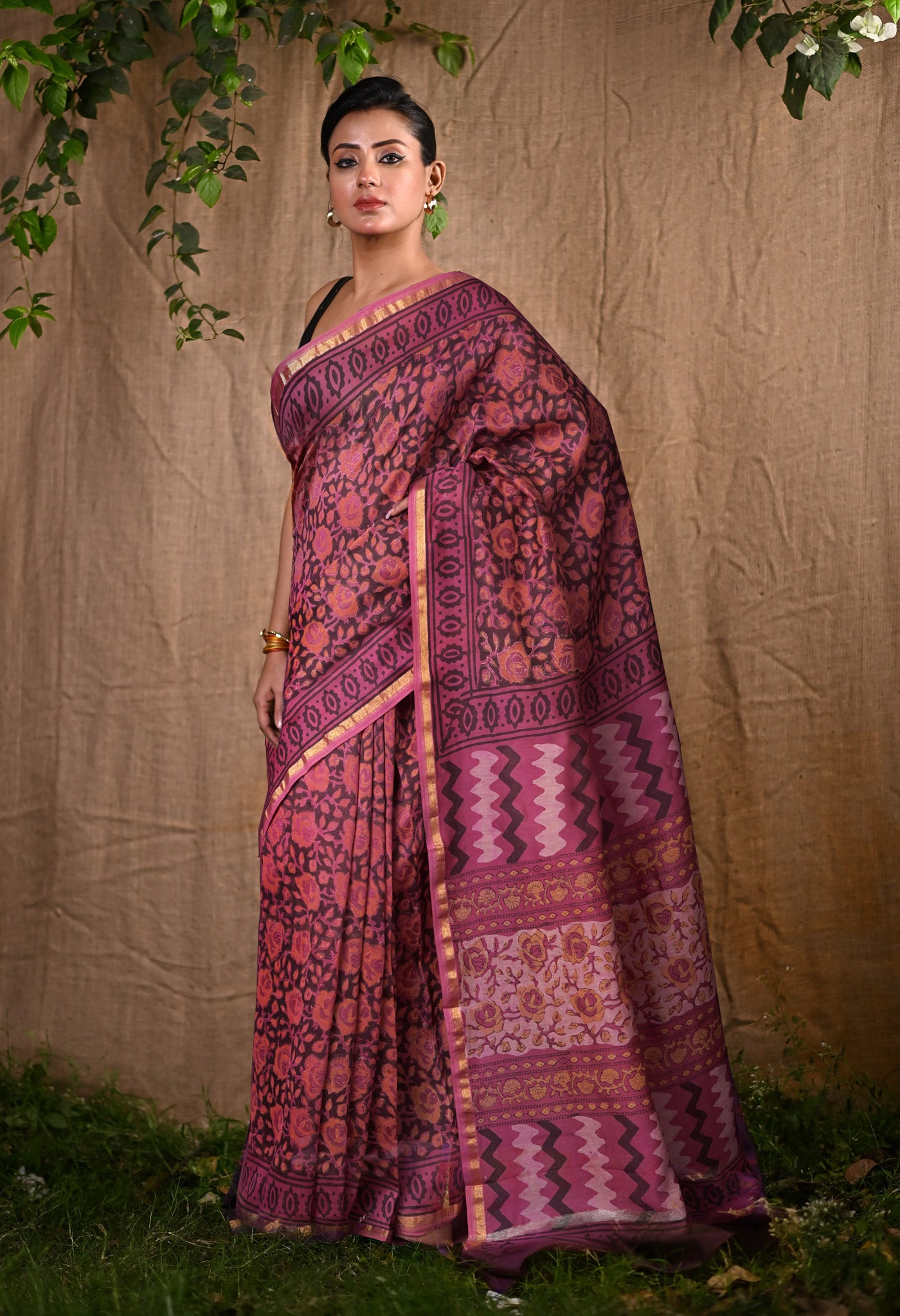 Pink-Black Pure Vanaspati Block Printed Chanderi Sico Saree-UNM81781