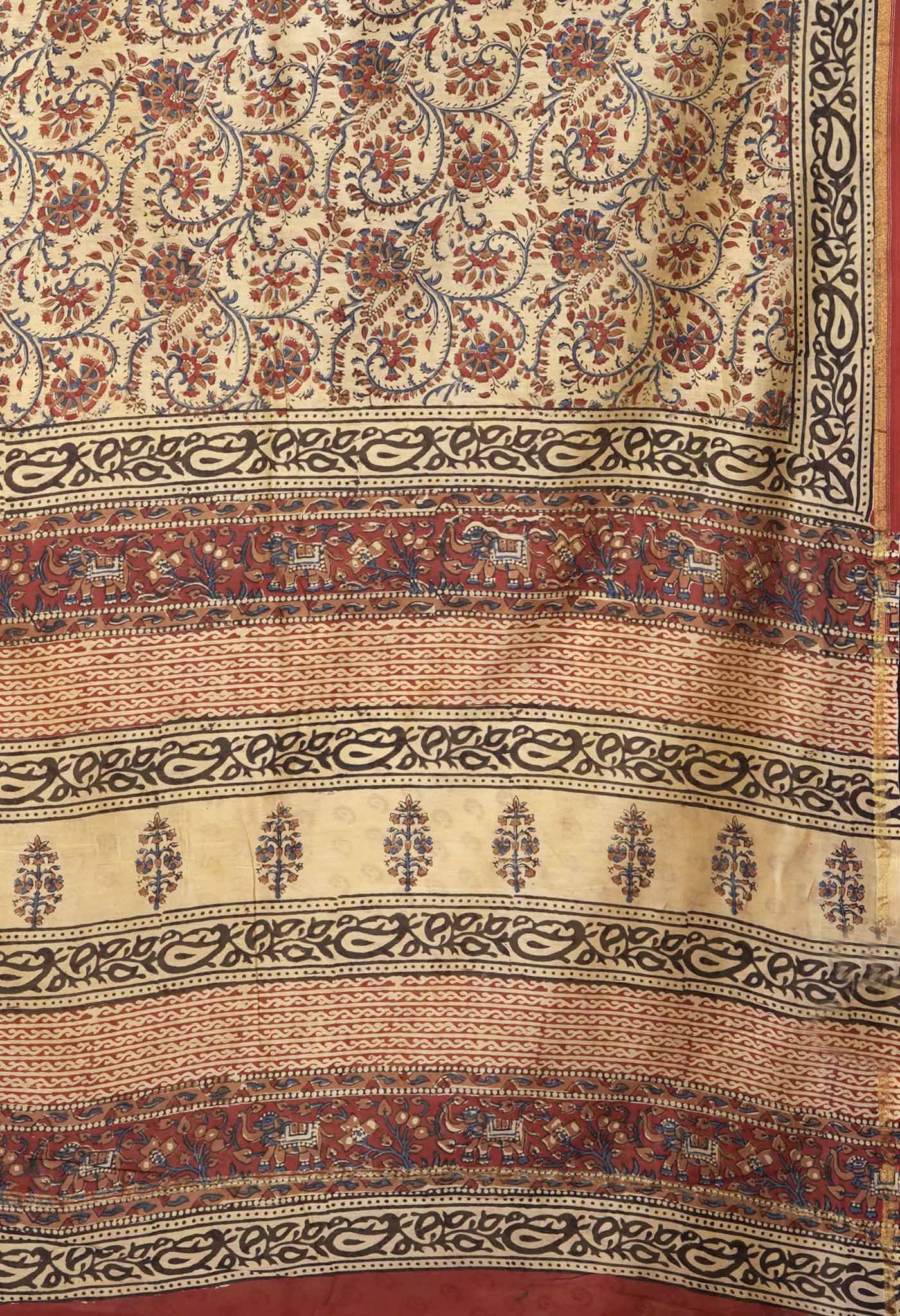Cream Pure Bagru Kalamkari Printed Chanderi Sico Saree-UNM81811