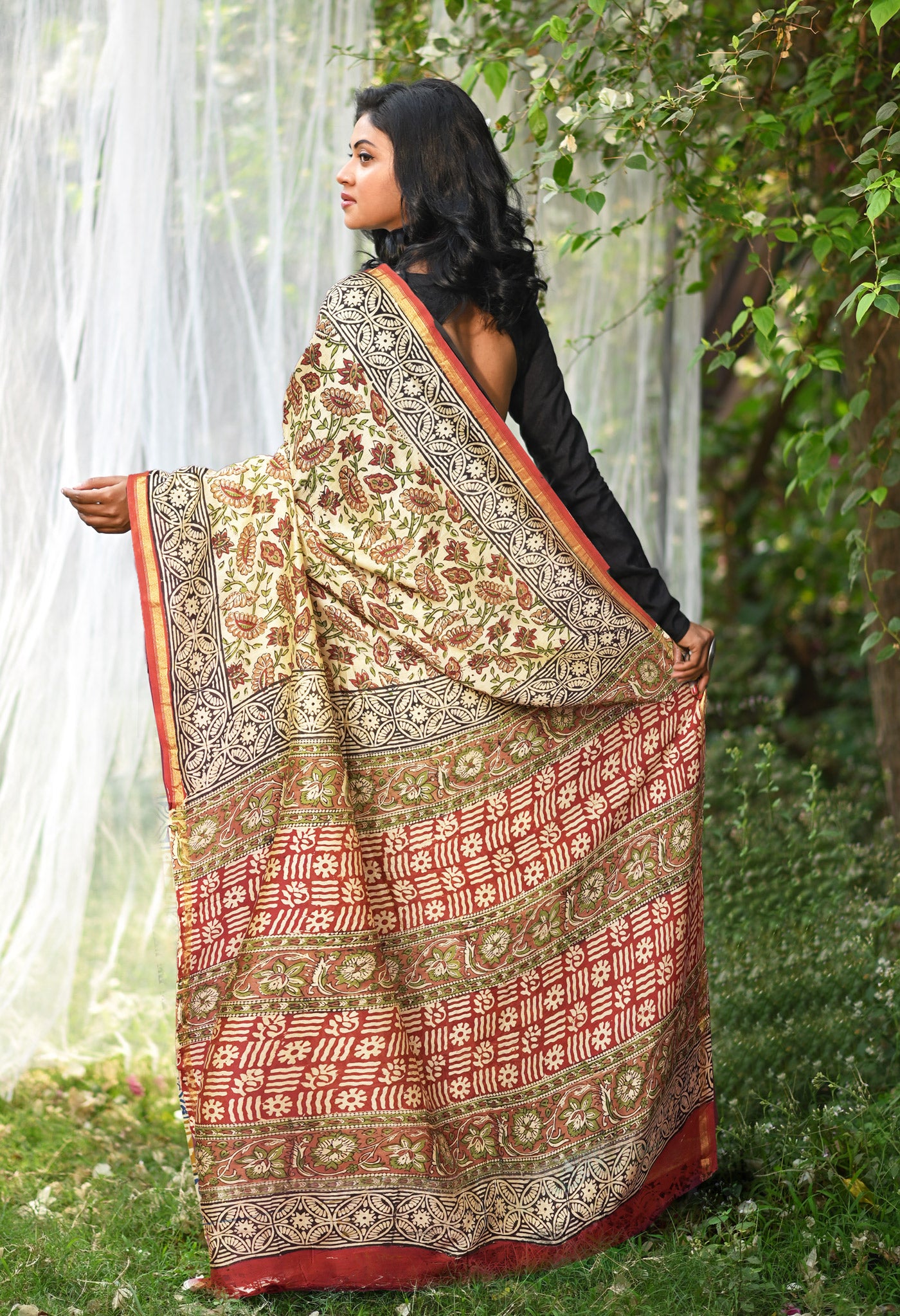 Cream Pure Bagru Kalamkari Printed Chanderi Sico Saree-UNM81814