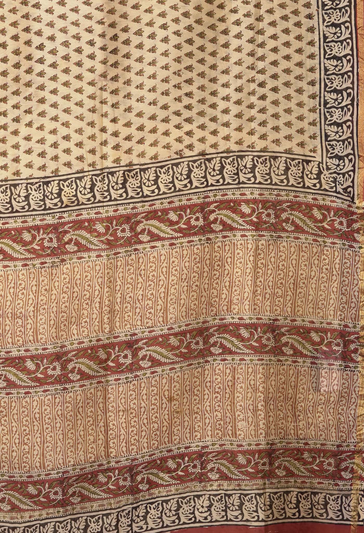 Cream Pure Bagru Kalamkari Printed Chanderi Sico Saree-UNM81819