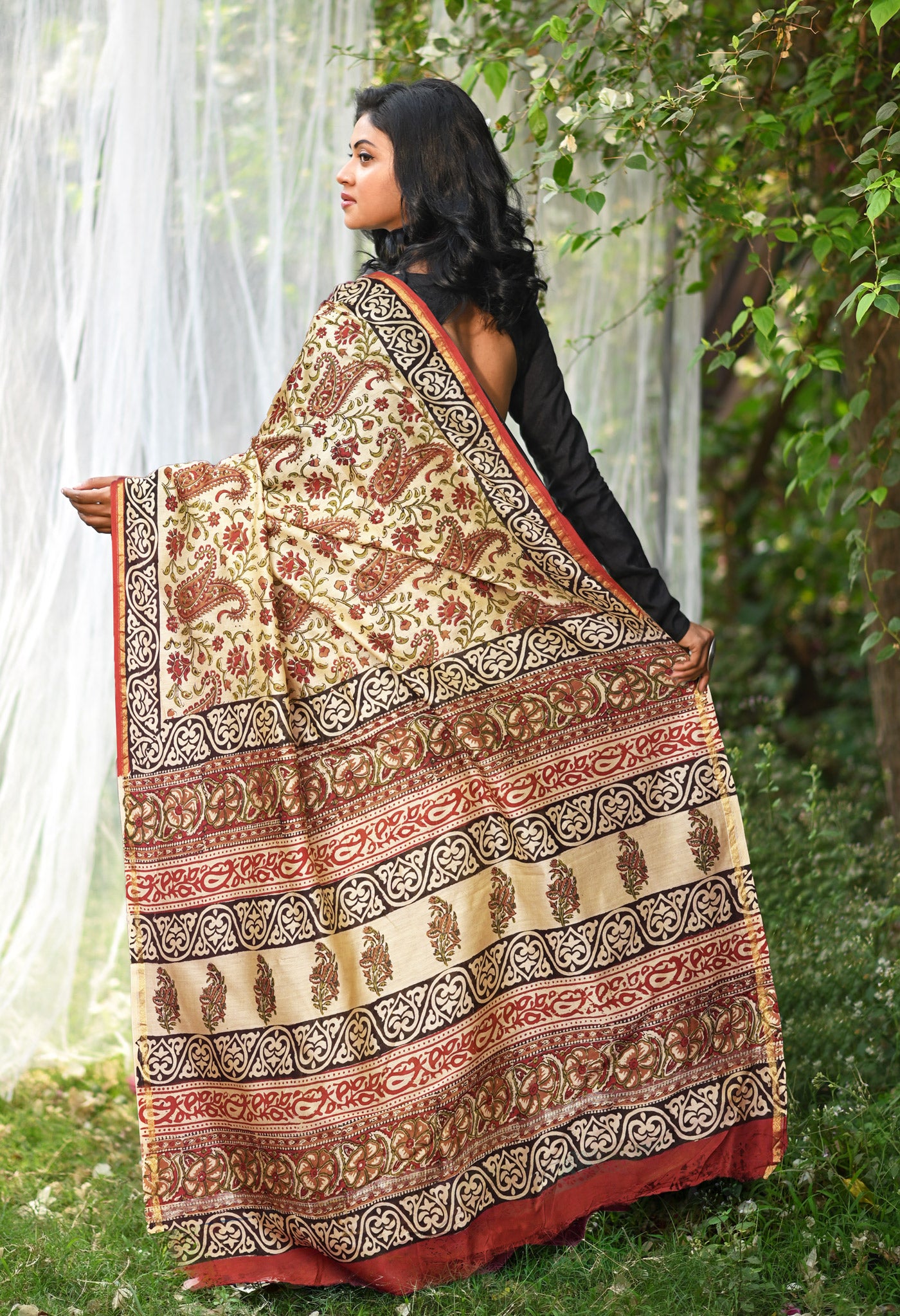 Cream Pure Bagru Kalamkari Printed Chanderi Sico Saree-UNM81821