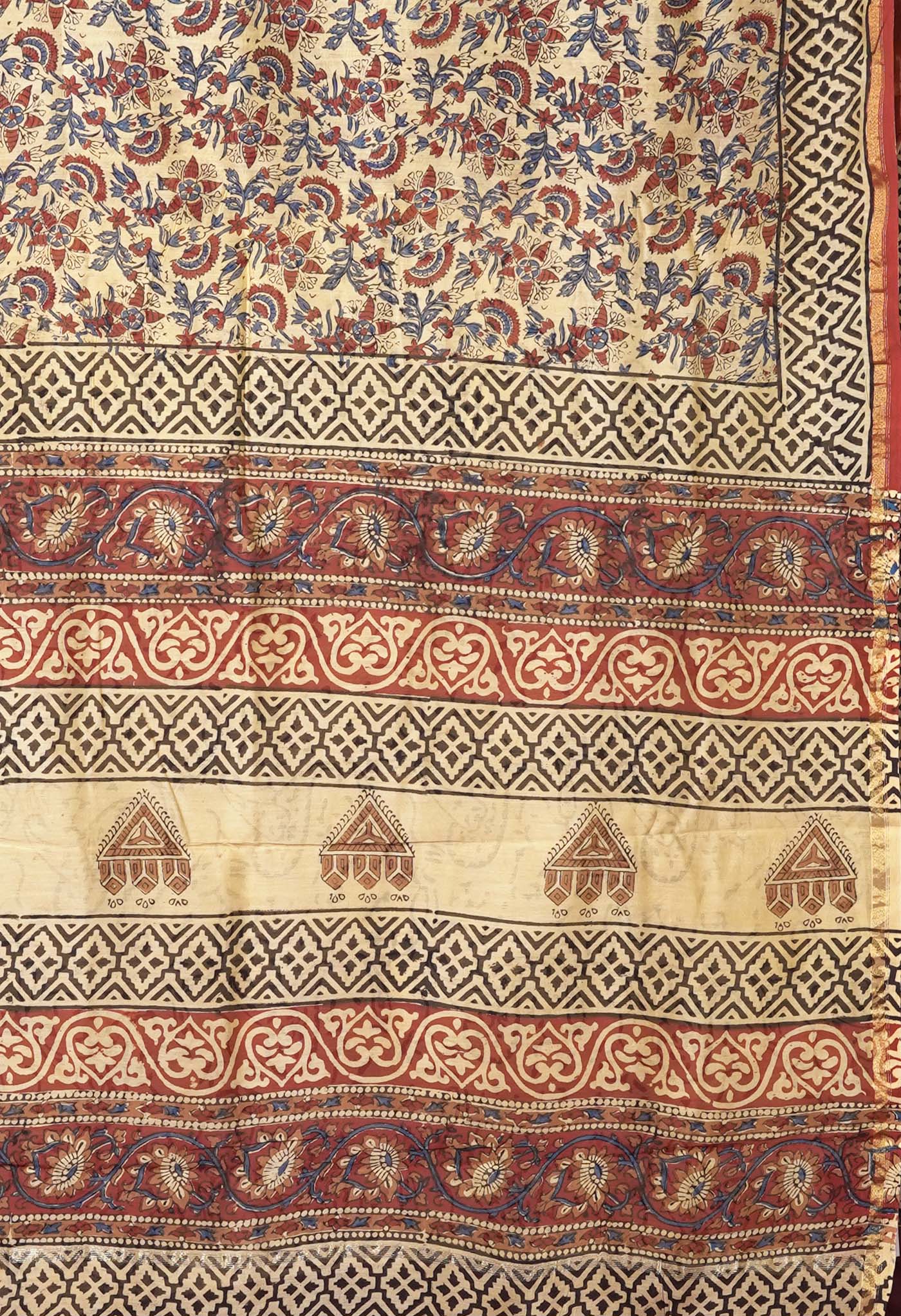 Cream Pure Bagru Kalamkari Printed Chanderi Sico Saree-UNM81824
