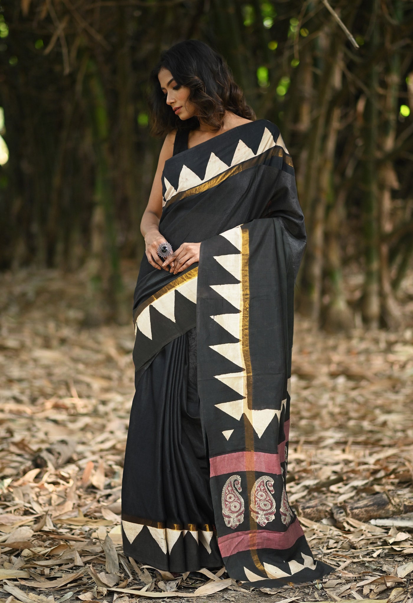 Black Pure Bagru Block Printed Soft Silk Saree-UNM81827