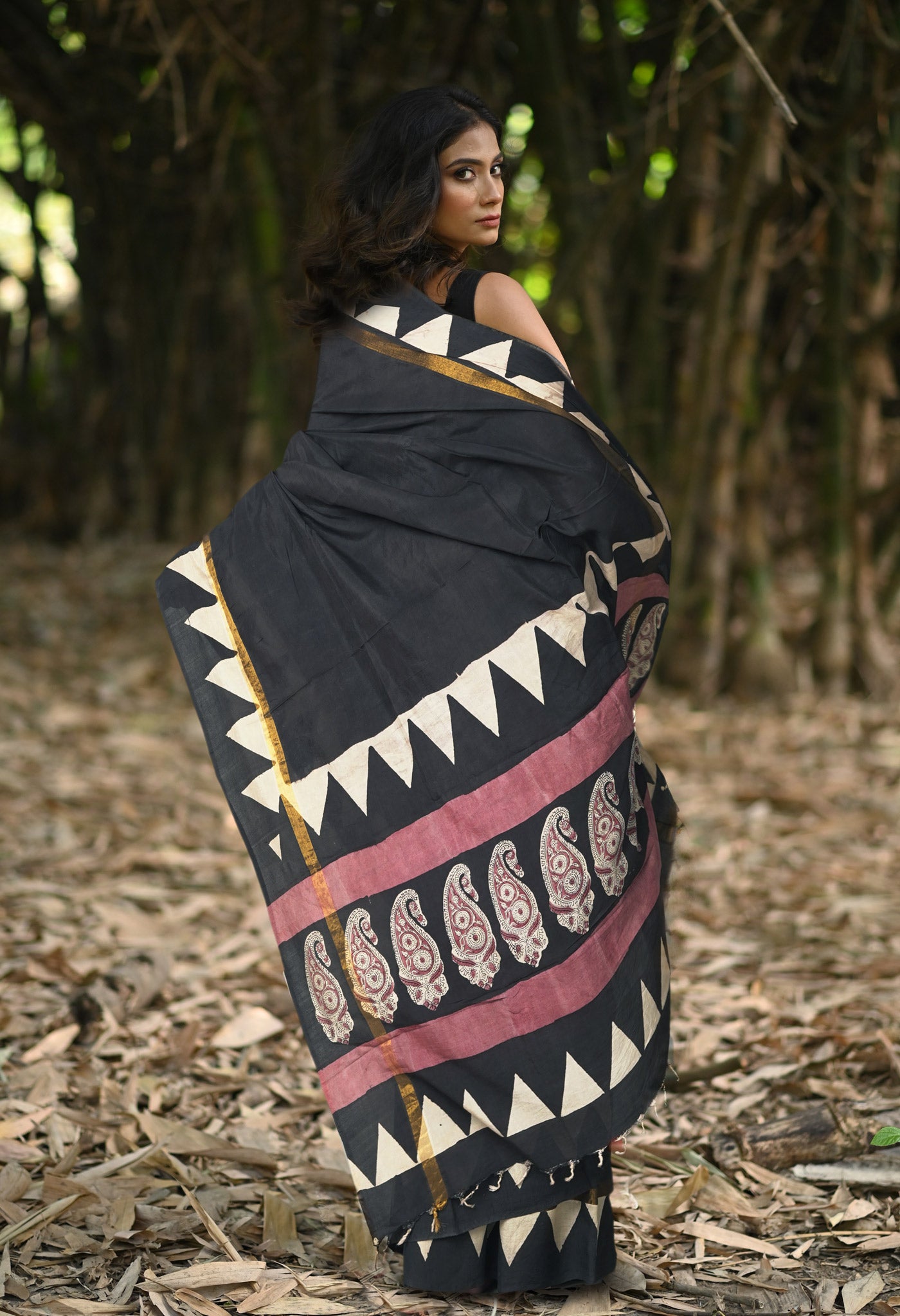 Black Pure Bagru Block Printed Soft Silk Saree-UNM81827