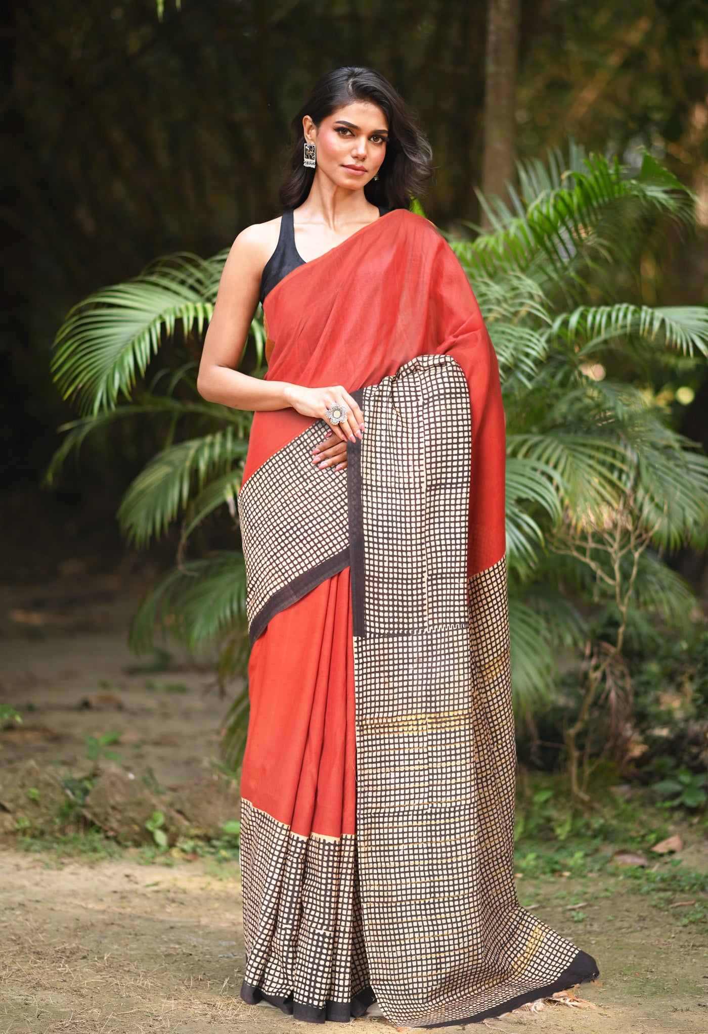 Red Pure Bagru Block Printed Soft Silk Saree-UNM81828