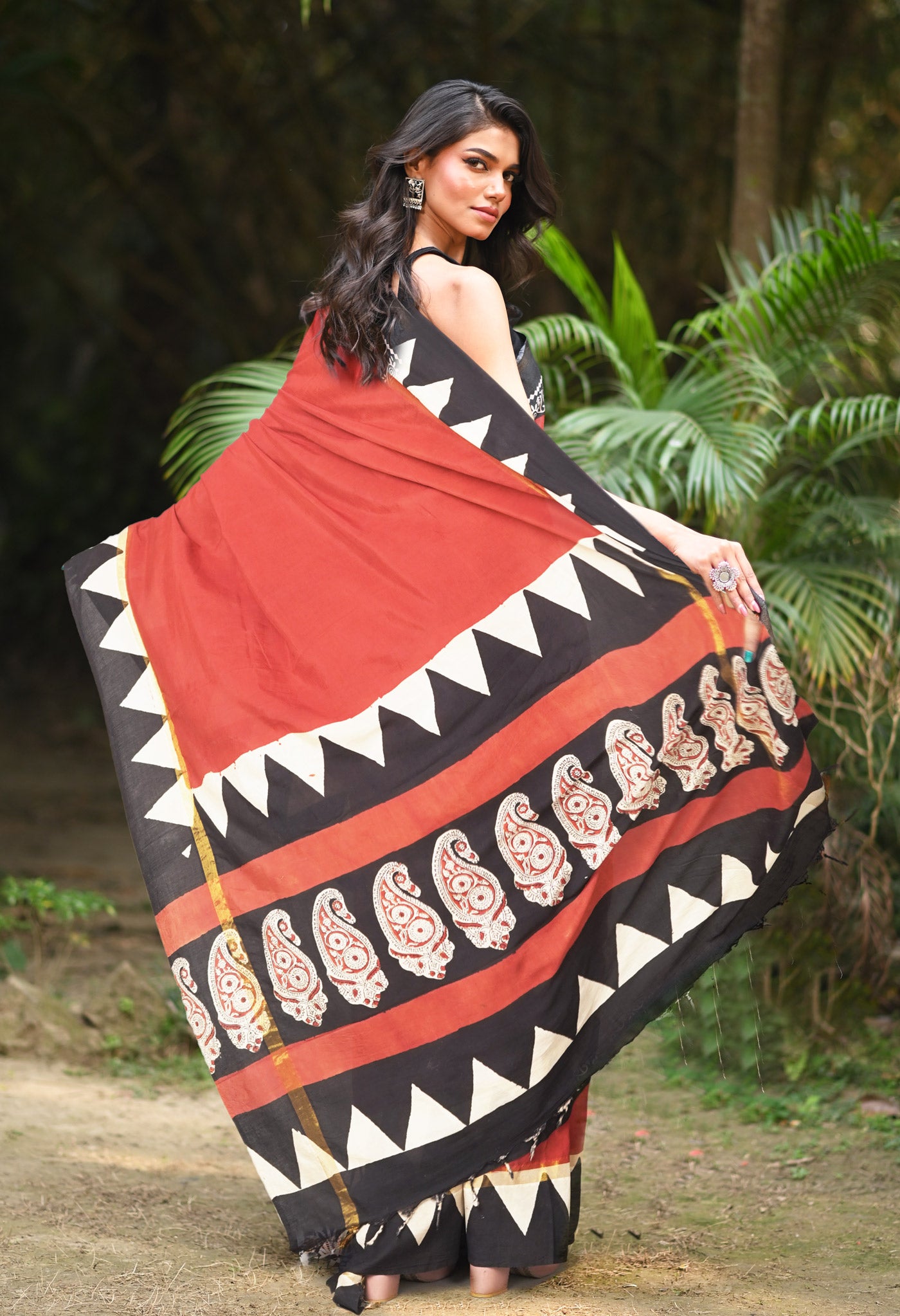 Red Pure Bagru Block Printed Soft Silk Saree-UNM81829