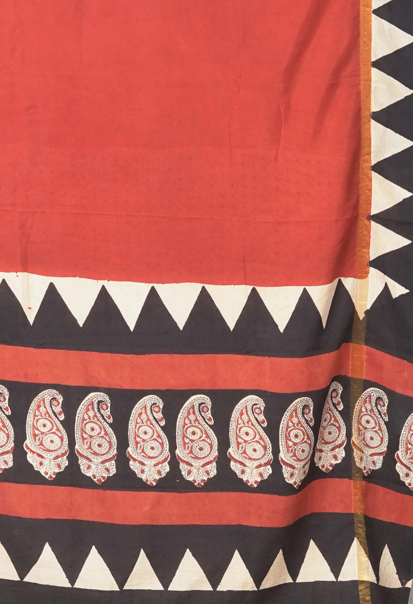 Red Pure Bagru Block Printed Soft Silk Saree-UNM81829