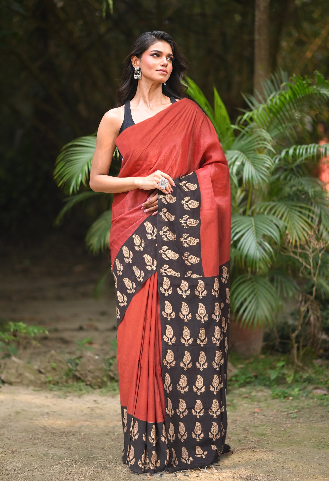Red-Black Pure Bagru Block Printed Soft Silk Saree-UNM81830