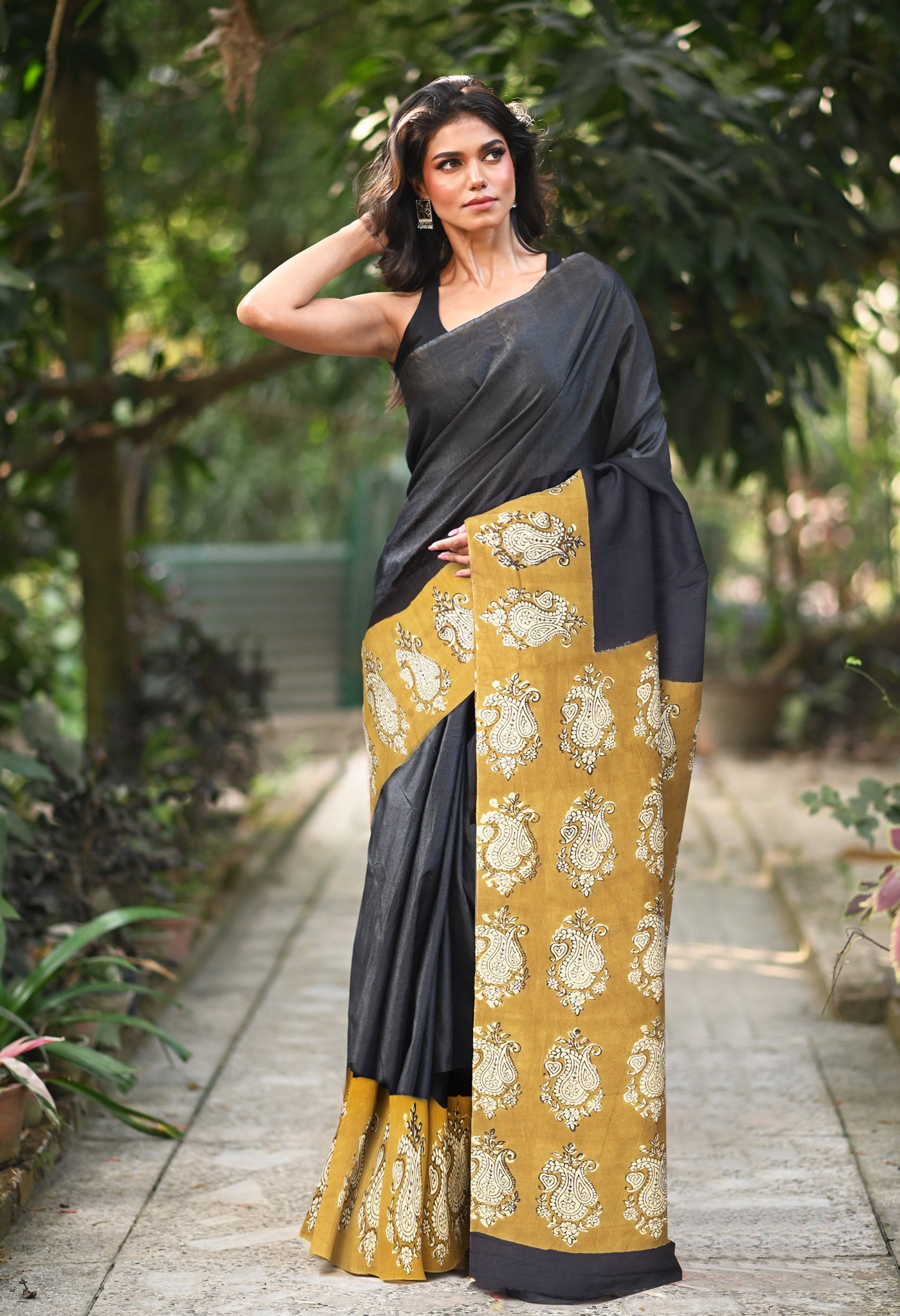 Black-Green Pure Bagru Block Printed Soft Silk Saree-UNM81831