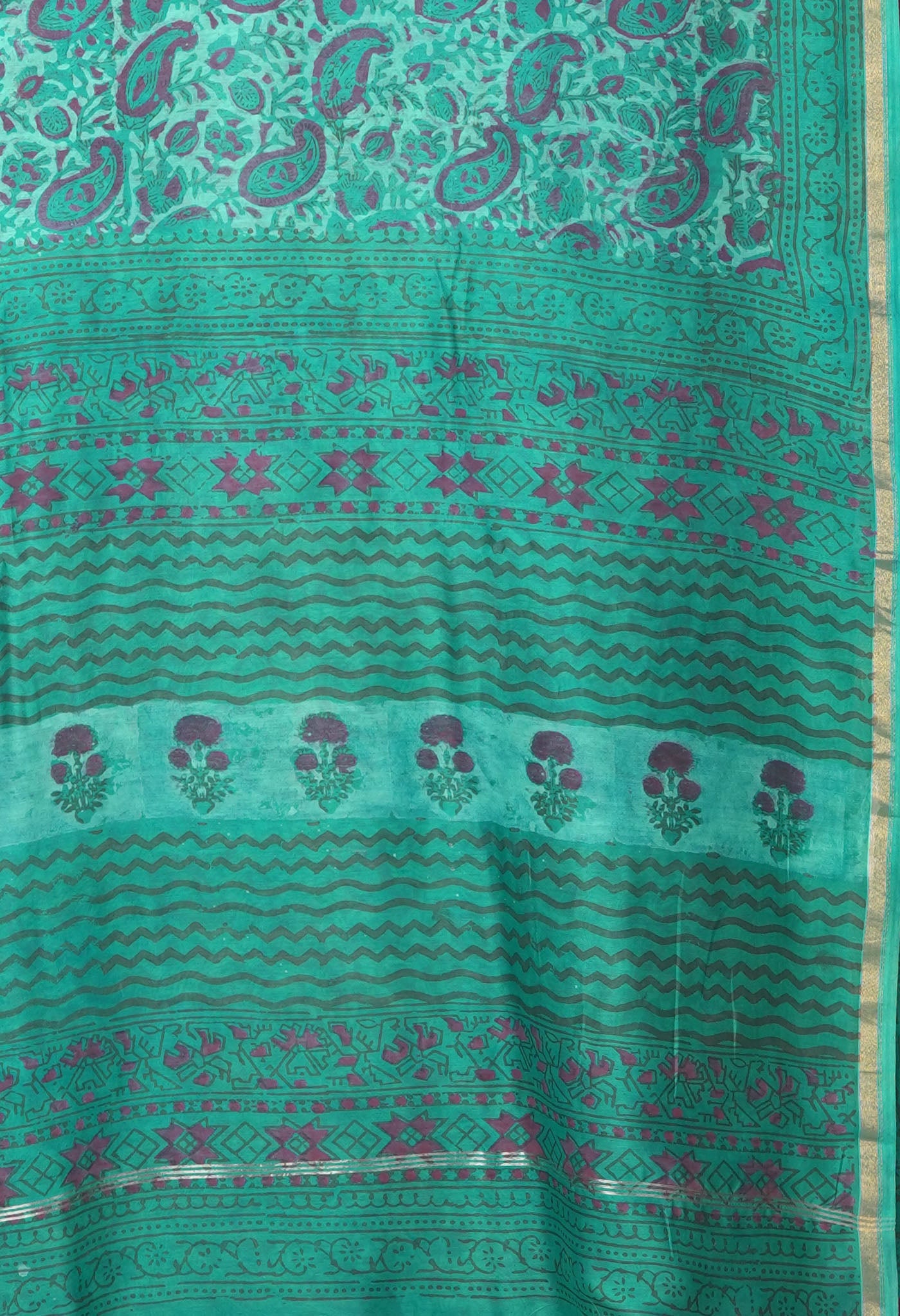 Turquoise Blue Pure Vanaspathi Block Printed Chanderi Sico Saree-UNM81842